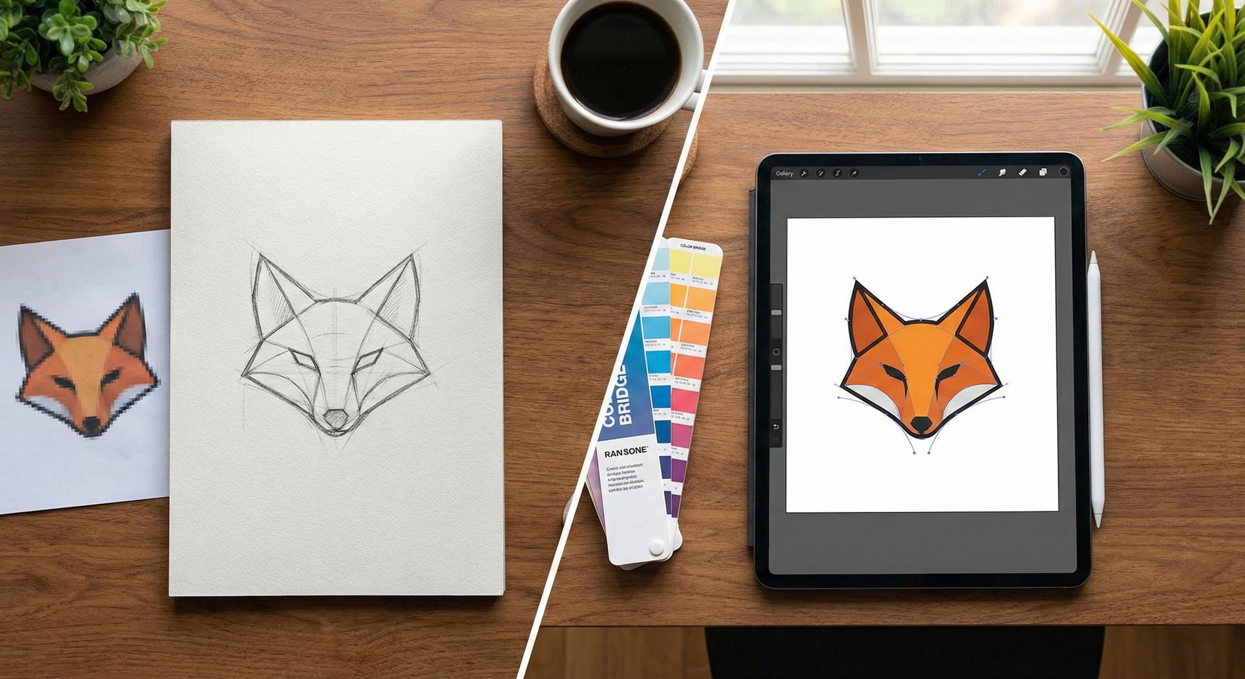 Comparison of a fox illustration: left side shows a printed pixel art version and a sketch, right side displays a digital colorized version on a tablet.