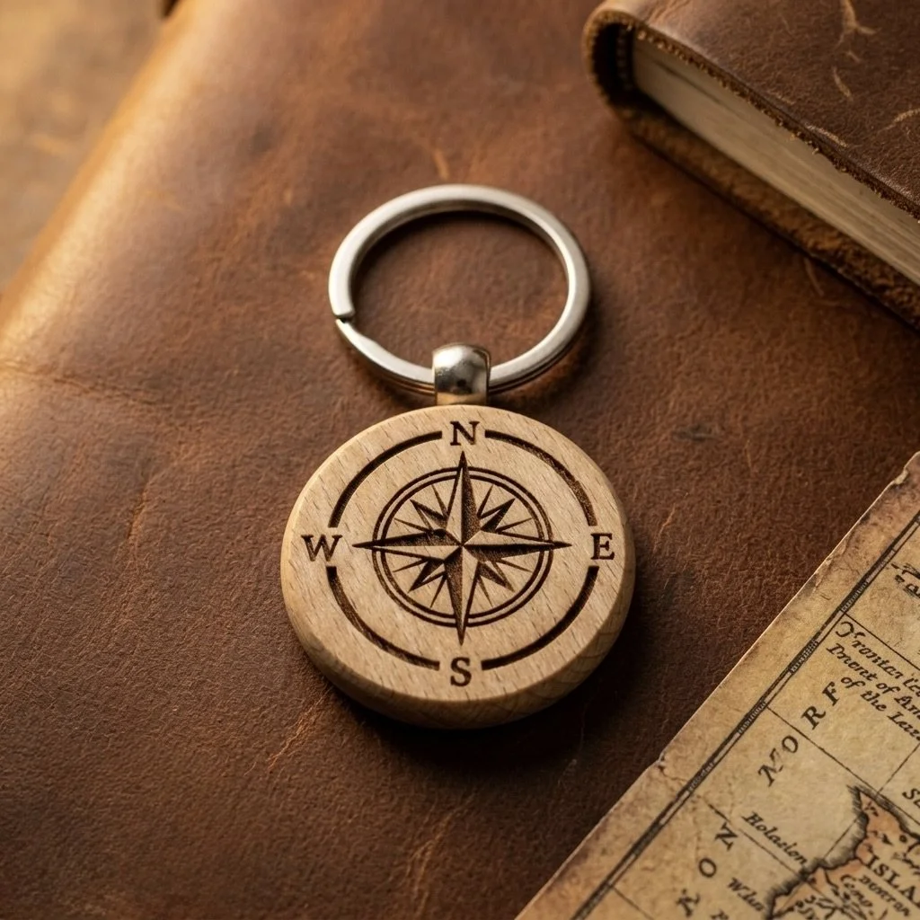 Wooden keychain with a compass design on a leather surface next to an old map and a book.