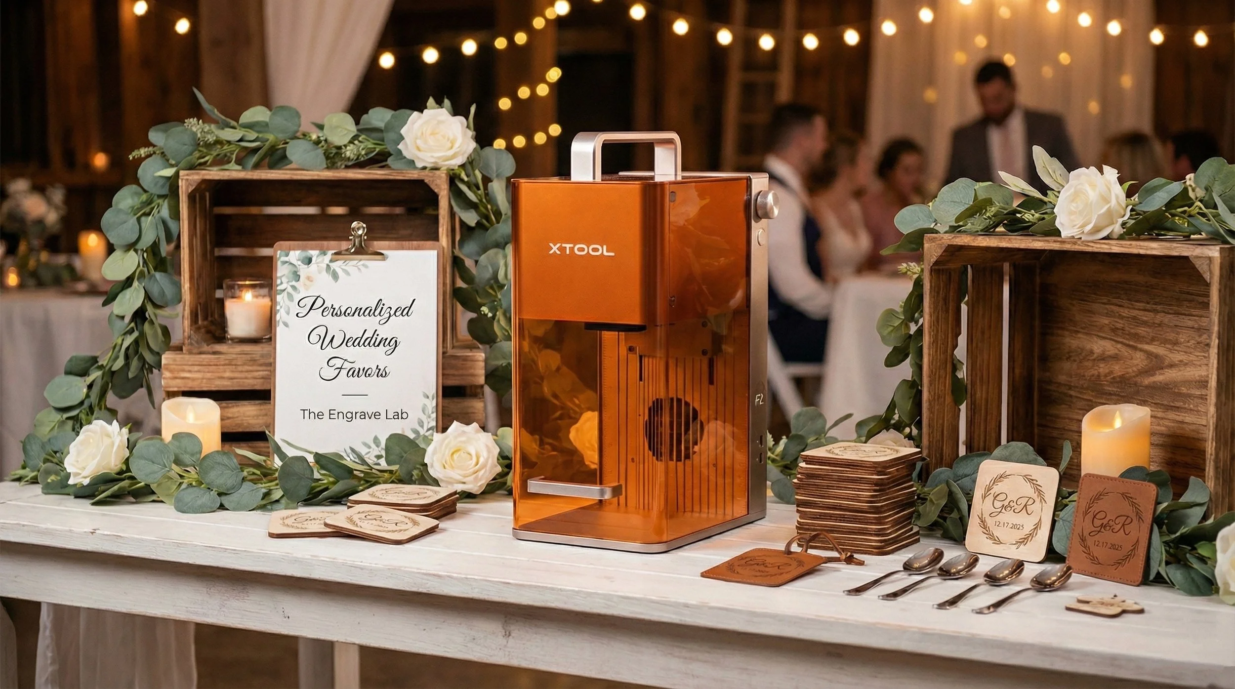 A wedding guestbook table with greenery, white roses, candles, personalized coasters, and a gold-embossed sign that reads 'Personalized Wedding Favors, The Engrave Lab'. A cake cutter is in the background with blurred guests and string lights.