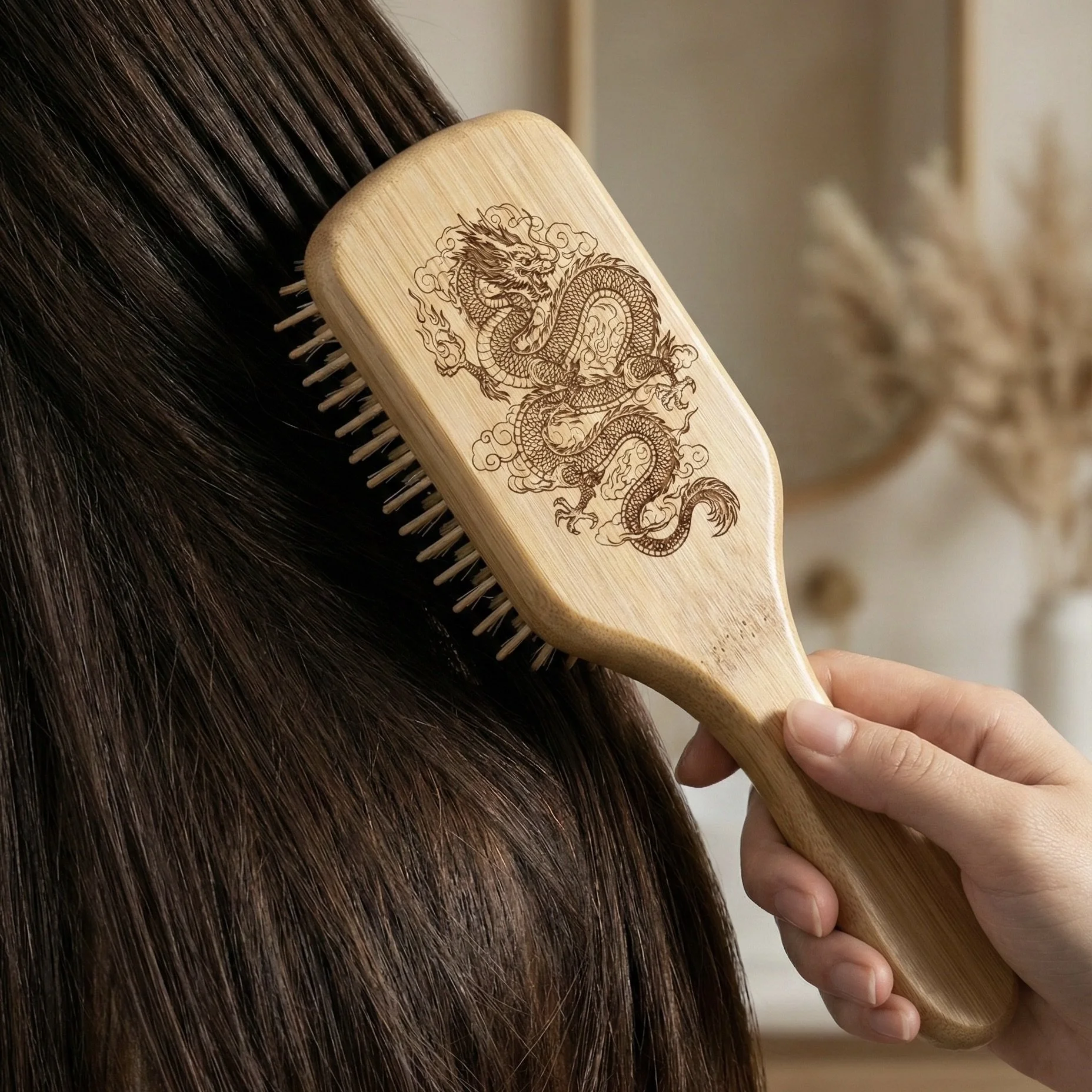 Close-up of a hand brushing long, dark brown hair with a wooden hairbrush featuring an engraved dragon design, with a neutral blurred background.