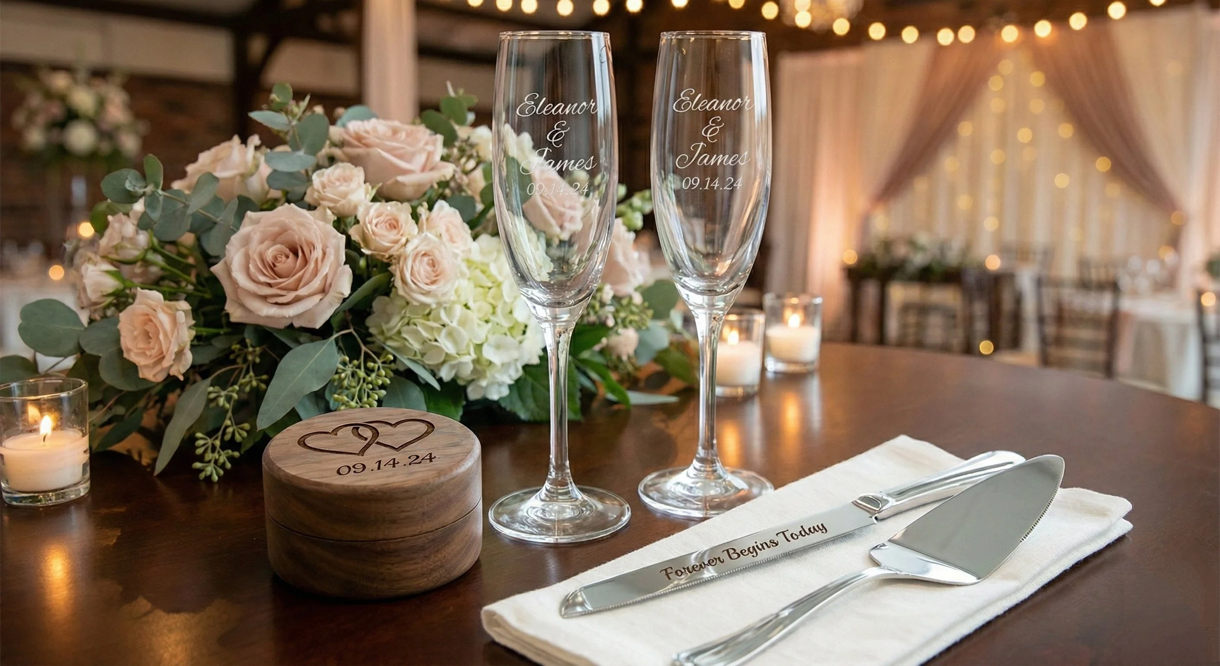Wedding table setting with champagne flutes engraved with names "Eleanor & James" and the date "09.14.24". The table has a floral centerpiece of pale pink roses, white hydrangeas, and greenery, along with lit candles. There is also a wooden box with hearts and the same date engraved, and a neatly folded napkin with a knife and pie server, engraved with the phrase "Forever Begins Today."