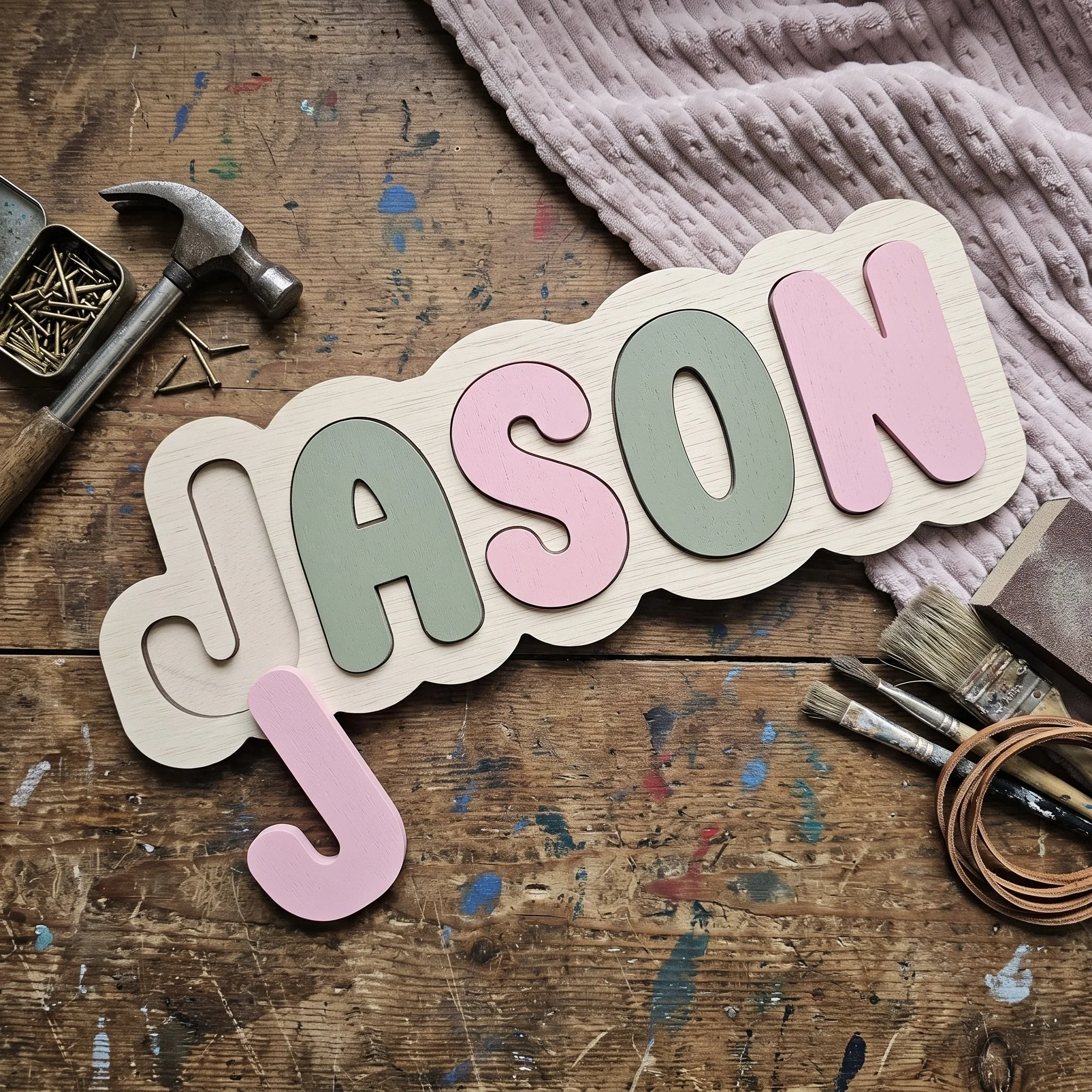 A wooden workbench with scattered paint splatters, a pink towel, a paintbrush, a small container of brass nails, a rubber mallet, a decorative sign spelling 'oh' in pastel colors, and a coil of string.