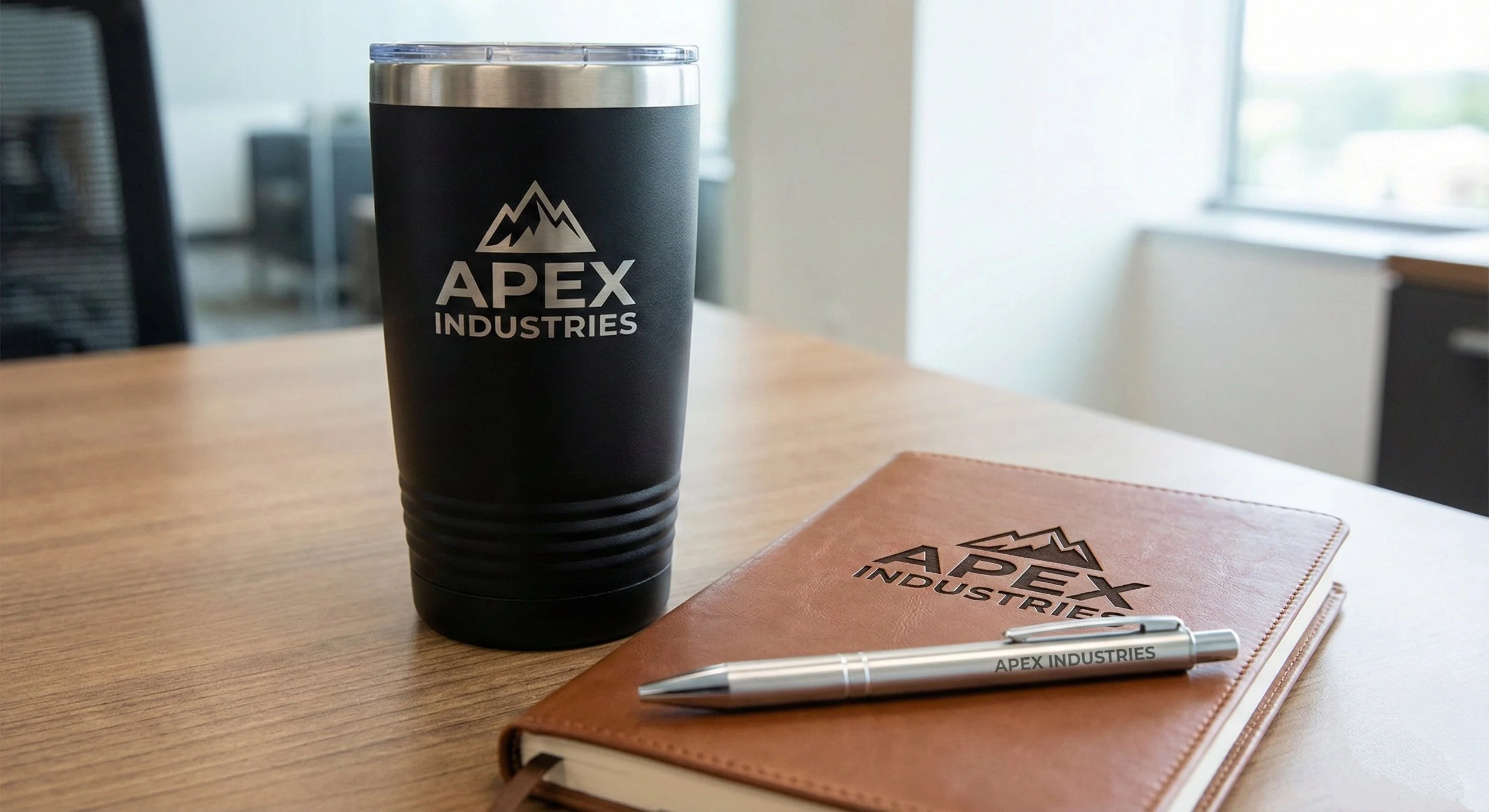A black insulated tumbler, a brown notebook, and a silver pen, all branded with the Apex Industries logo, on a wooden table in an office setting.