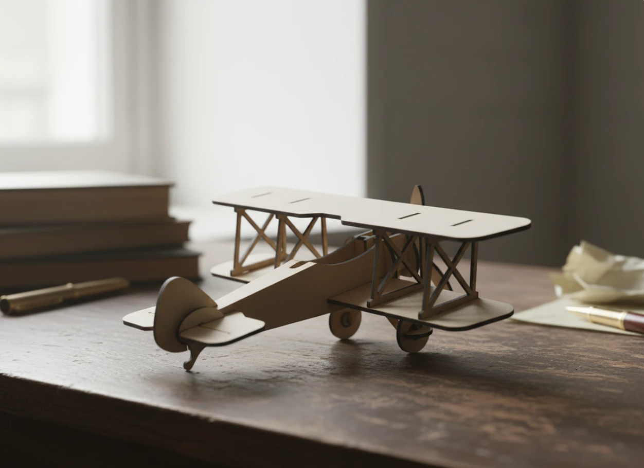 A wooden model of a vintage biplane airplane on a dark wooden table with a window in the background.