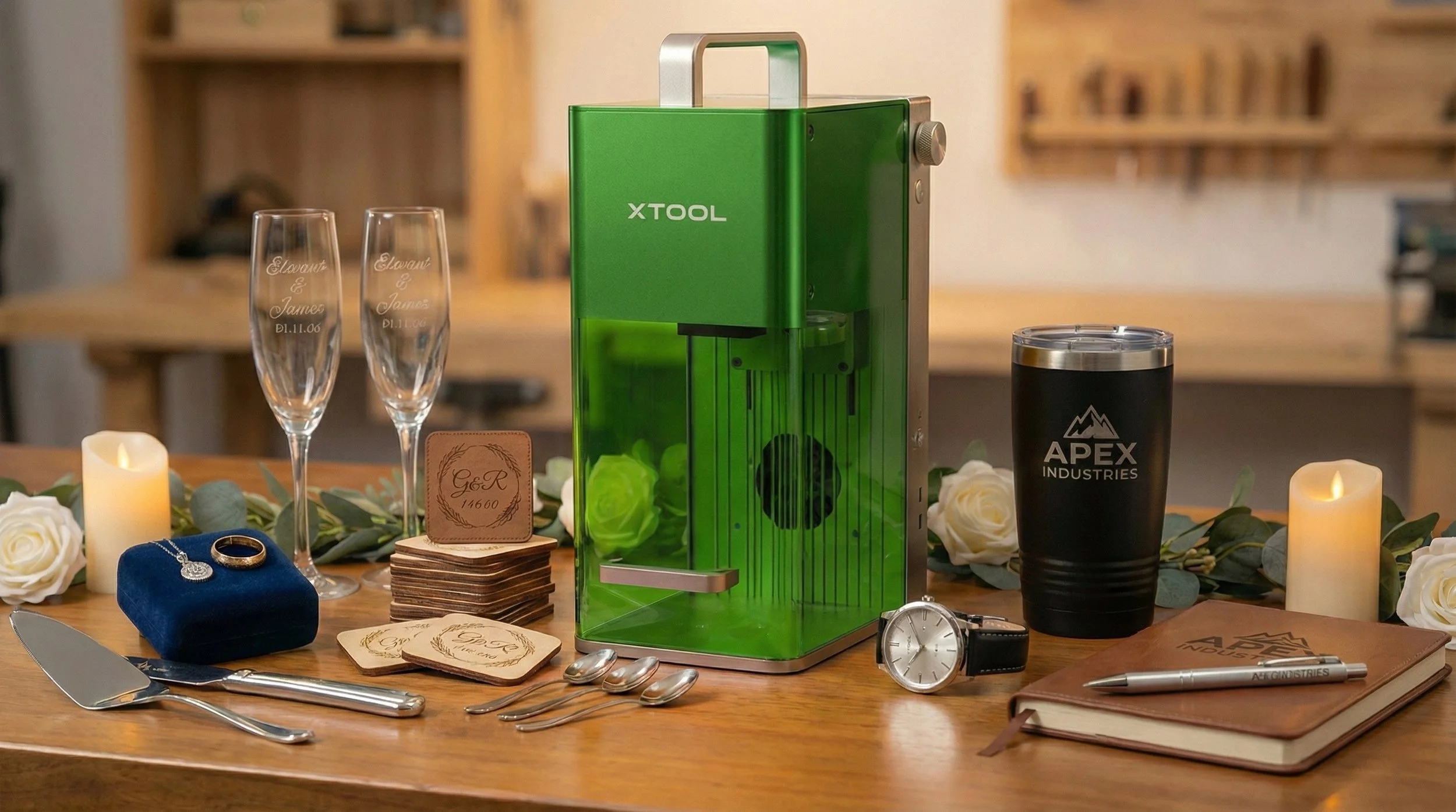 Wedding table setup with a green coffee capsule machine, champagne glasses engraved with names and date, a black tumbler with 'APEX Industries', a jewelry box with a necklace and rings, a wristwatch, a notebook with 'Apex Industries' logo, a pen, small spoons, a cake server, candles, white roses, and green foliage on a wooden table in a rustic room.