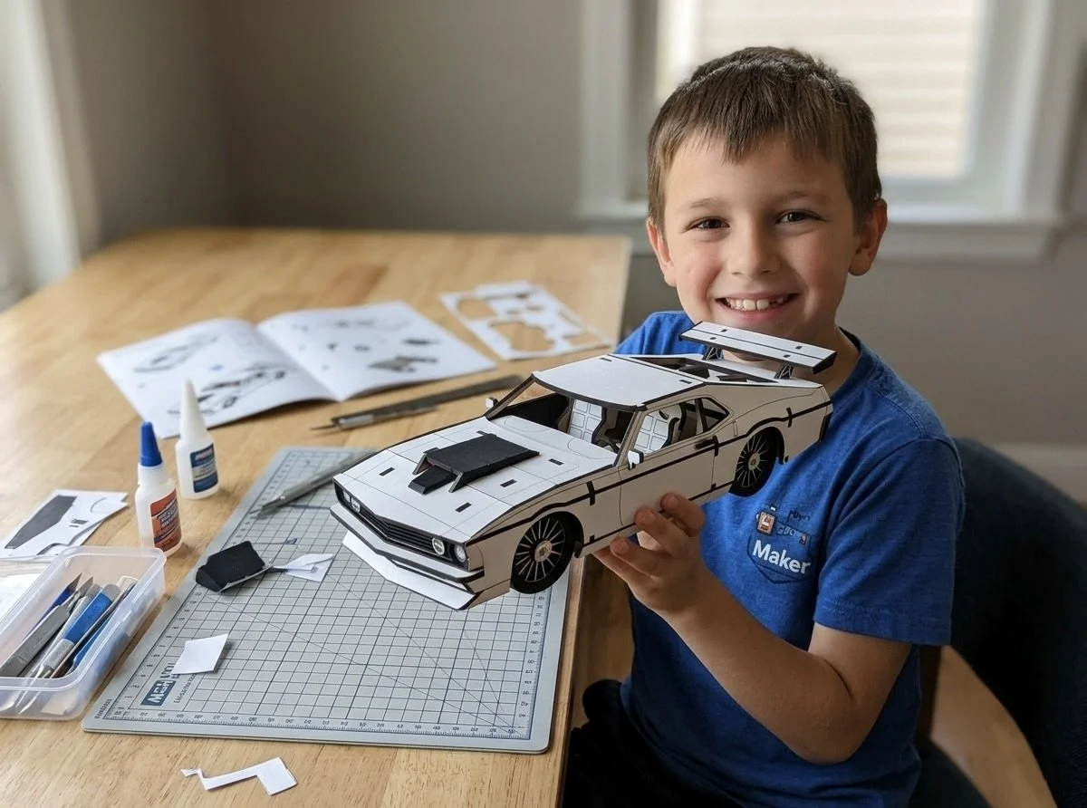 A young boy holding a paper model of a sports car, smiling at the camera. The table has crafting tools, glue, paper parts, and an instruction booklet for building the model.