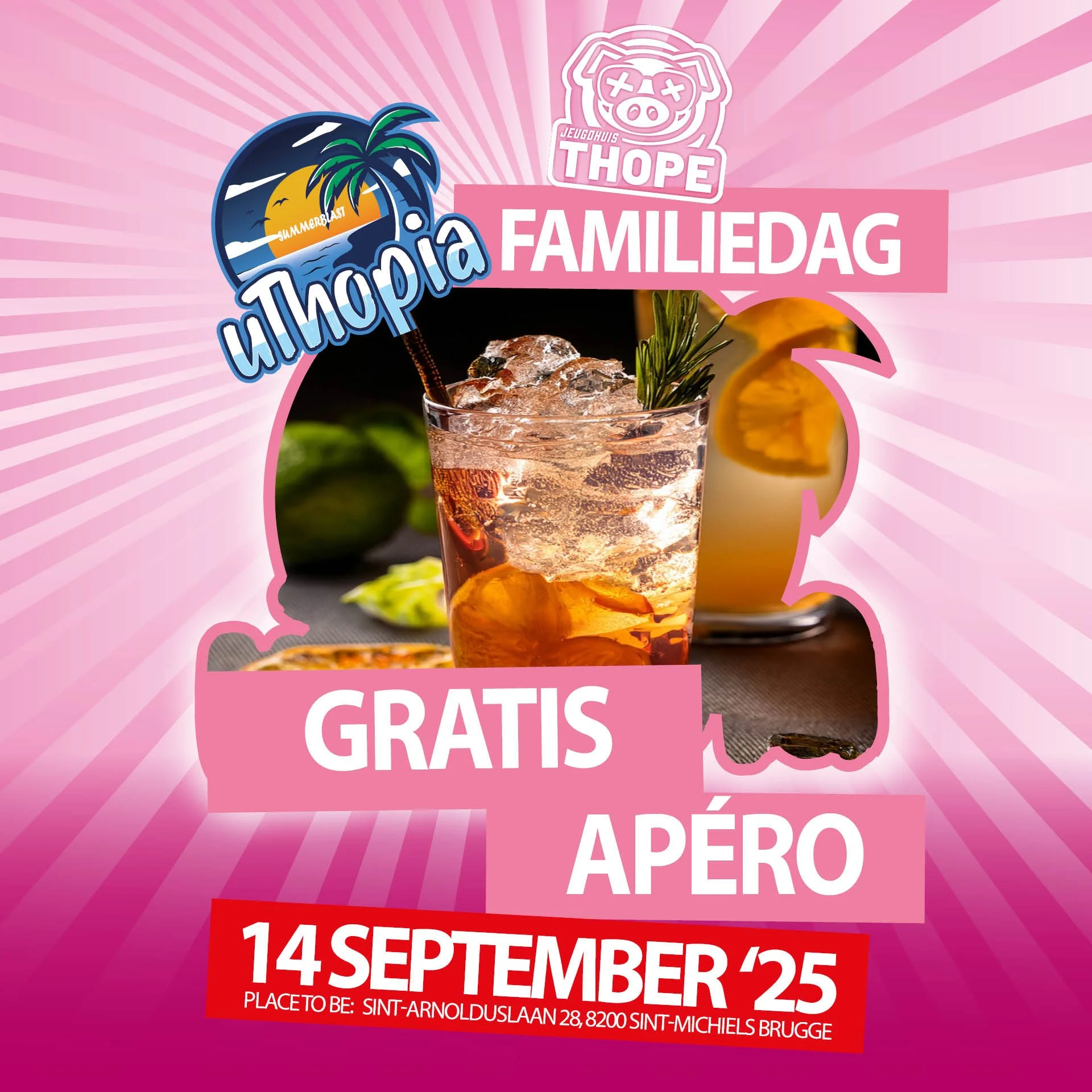🥂 GRATIS APERO op de familiedag van Uthopia! 🎉

We trappen onze feestelijke zondag op 14 september af met een heerlijke gratis apero vanaf 11u30! Kom samen met je buren, vrienden en familie genieten van een gezellige start vol sfeer, babbels en ani