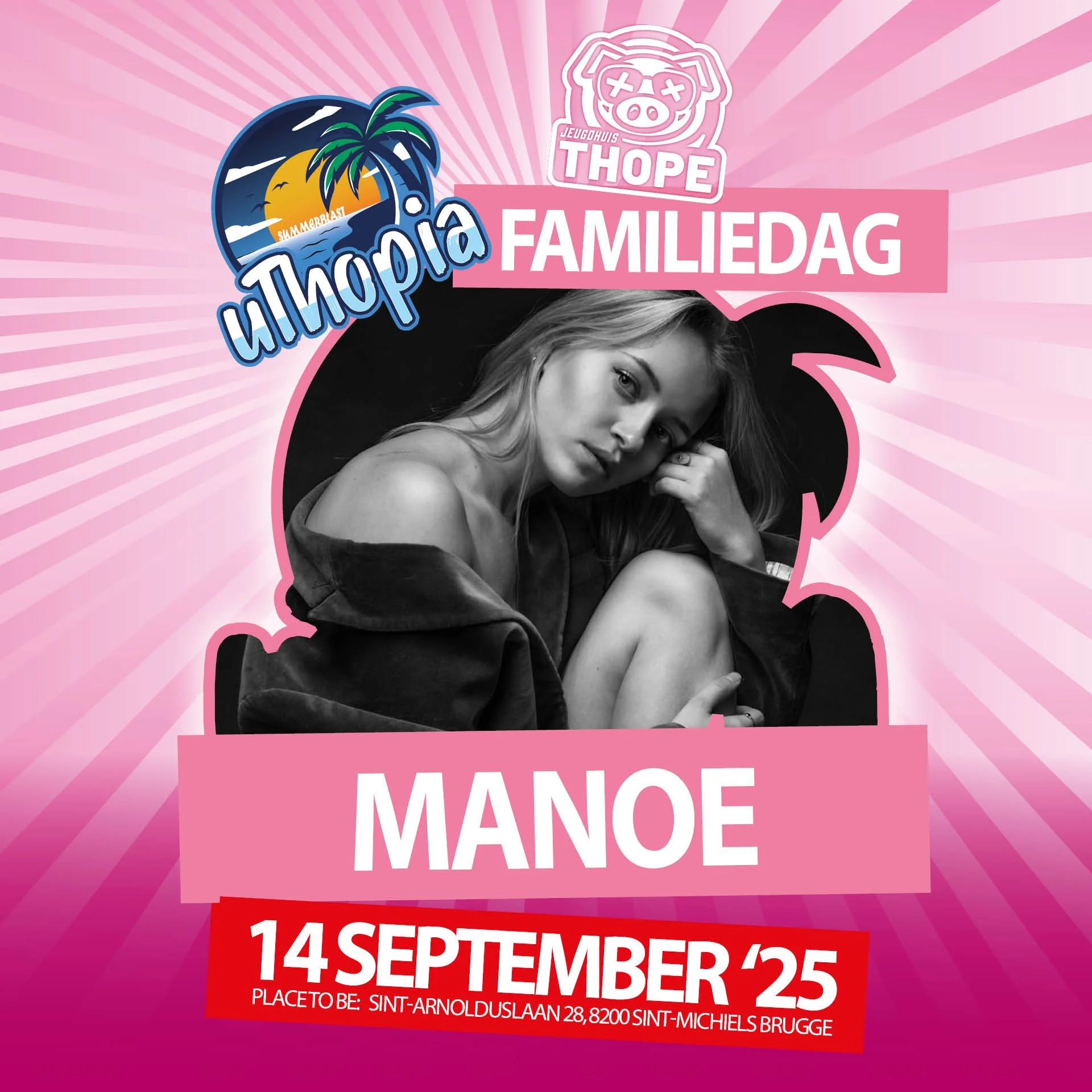 🎶 Live muziek voor jong &eacute;n oud!
Op onze familiedag mag muziek natuurlijk niet ontbreken, en daarvoor hebben we twee artiesten in huis gehaald! 🎤💃

11u30 Aperitiefconcert Manoe

🎤 Manoe, een Brugse zangeres met een warme, unieke stem, blaas