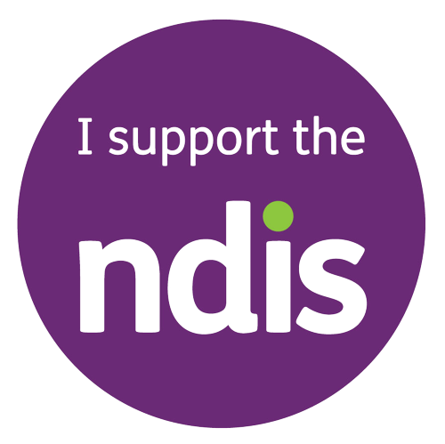 Purple circular badge with the slogan "I support the ndis" in black and white text, with a green dot above the letter 'i'.