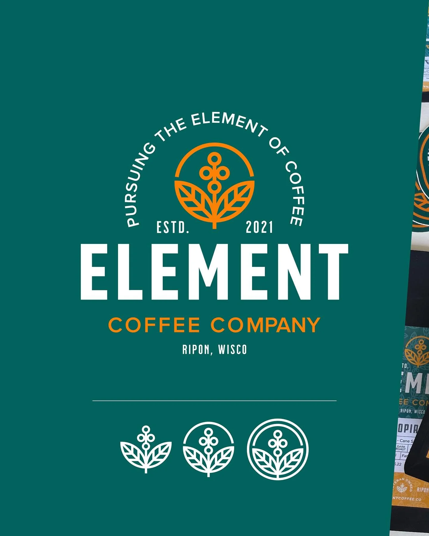 Element Coffee Co. 
Pursuing the element of coffee.

Coffee branch - 4 coffee cherries represent the 4 main elements - symmetrical leaves fit perfectly in a circle - lots of fun lockups and badges in this logo system!

Had a blast working with Matt o