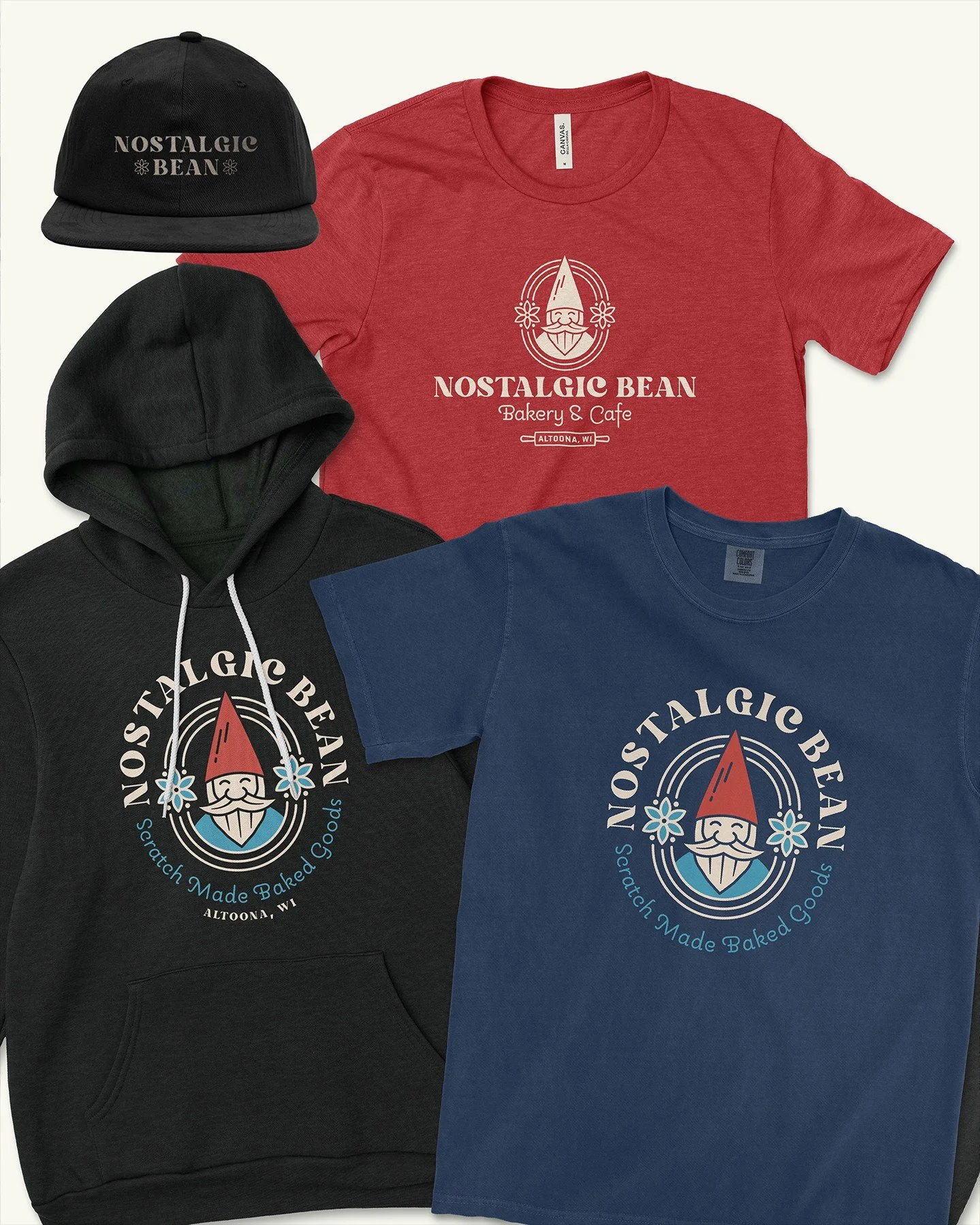 Swag for Nostalgic Bean we designed AND printed! An important part of any brand is doing some sort of swag, whether it's apparel, hats, stickers, patches, or pins (whatever fits your industry). We think through it all to make sure the logo systems we