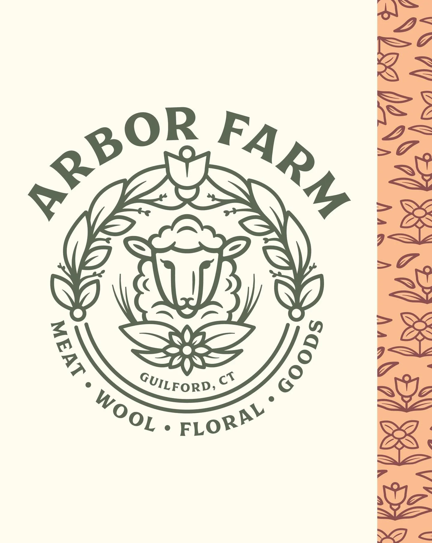Here is a look into the branding we did for @arborfarmct ⁠
⁠
The arbor design includes leaf, floral, vine, and bud elements. The arbor is arching over and sheltering the sheep icon that is made of a fluffy (wool) sheep bust, flowers and grasses. This