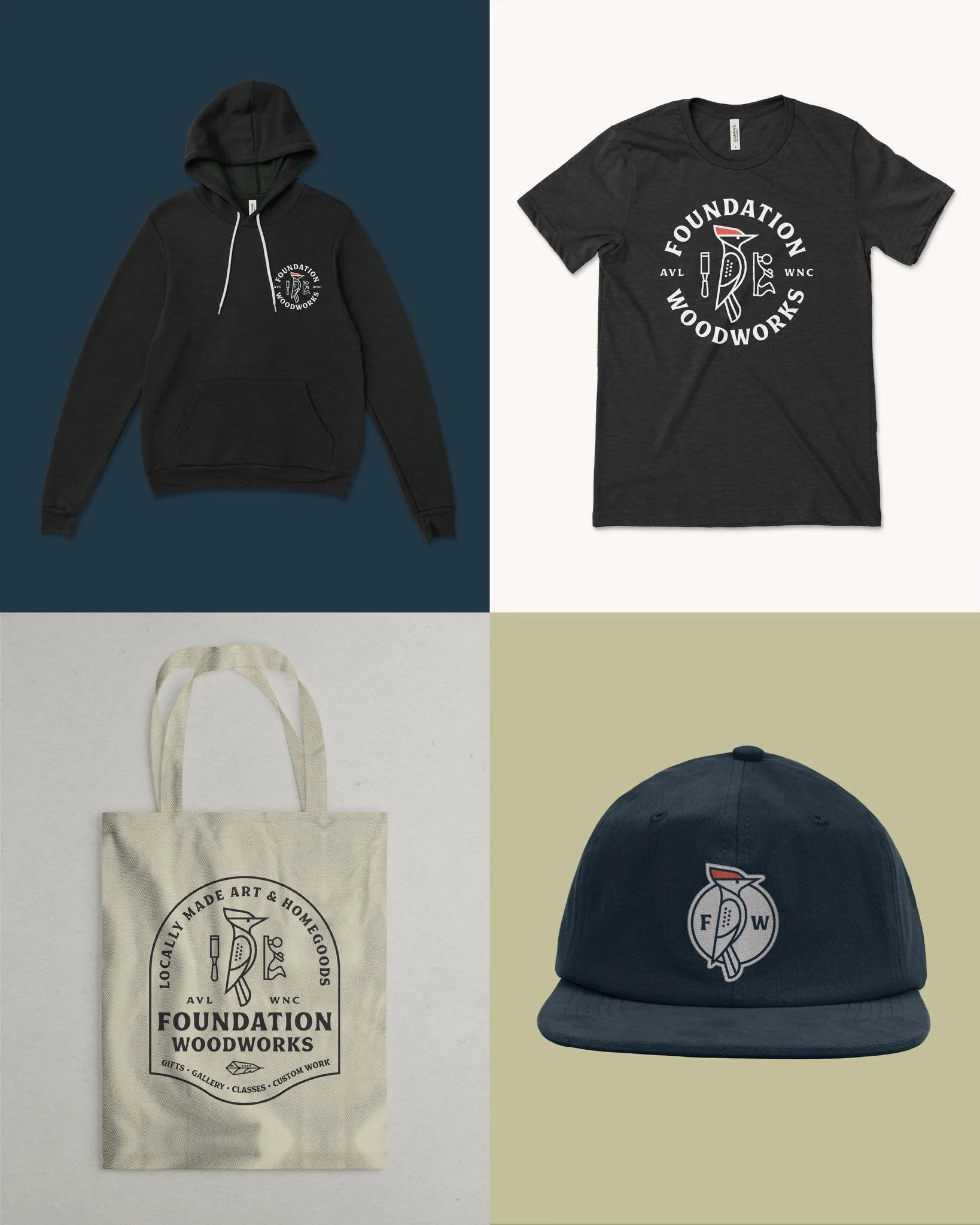 Apparel for @foundationwoodworks 

Having different marks in a brand system that can work across apparel options is crucial. From simple icons that work on an embroidered hat, a circle badge logo that is a perfect left chest print, or to a full shiel