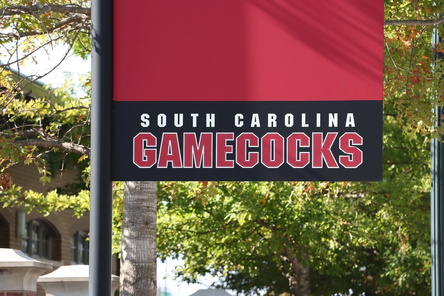 A sign for South Carolina Gamecocks football team with red, black, and white colors, hanging on a pole outside, surrounded by green trees.