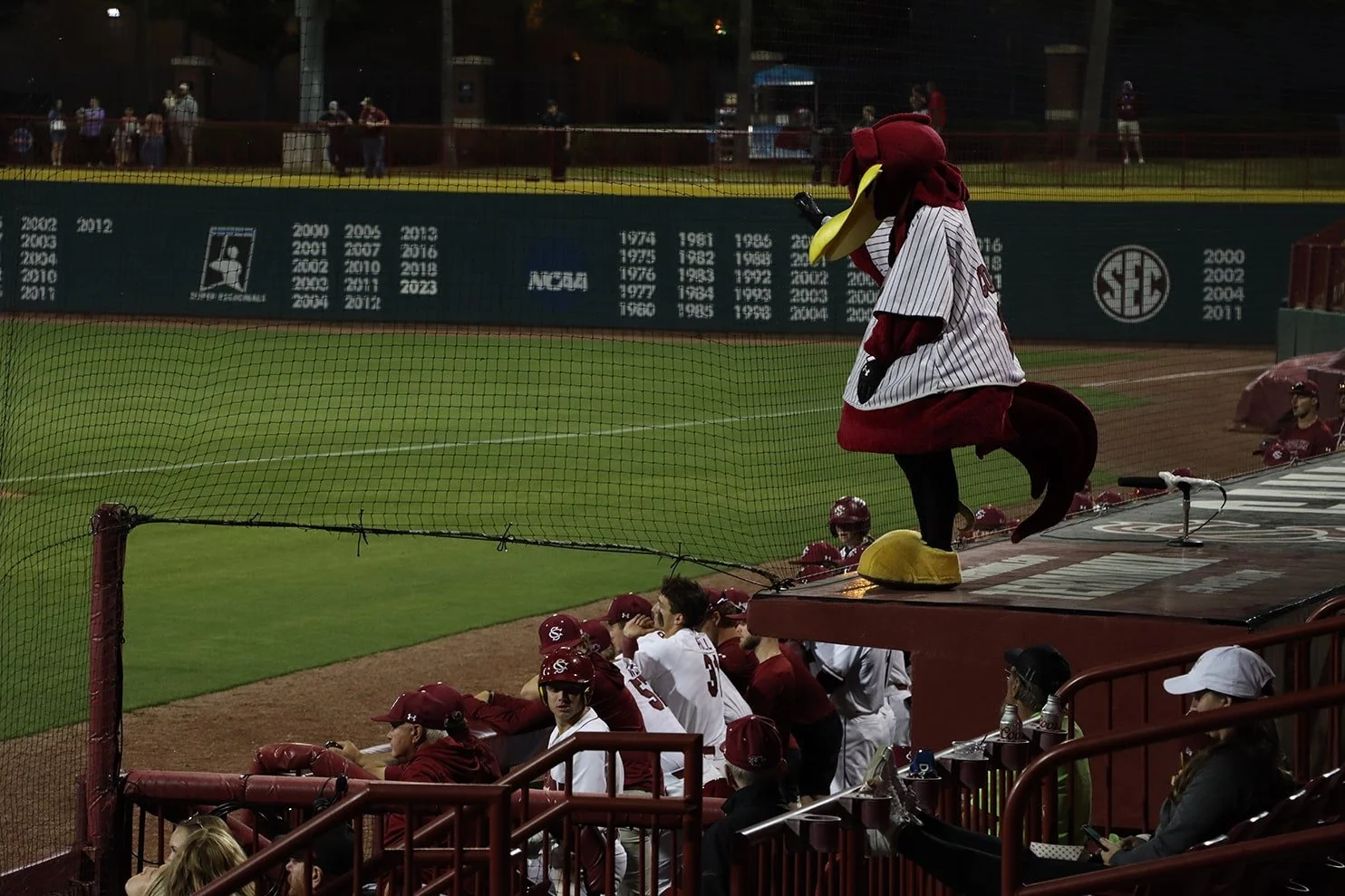 A baseball game at night with players in white and red uniforms sitting on the bench. A mascot dressed in a maroon and white striped jersey, maroon hat, and large costume head stands near the dugout. Players wear maroon caps and are seated behind a p