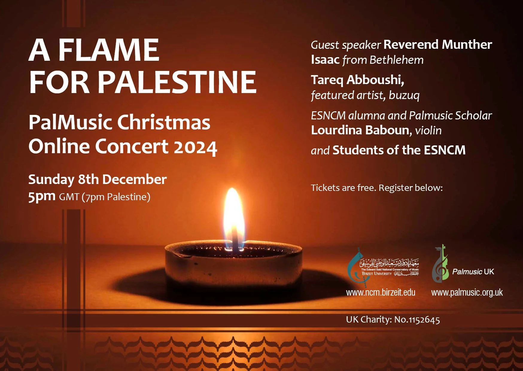 A Flame for Palestine Christmas Concert and Fundraiser – 8 Dec 2024 at 5pm GMT