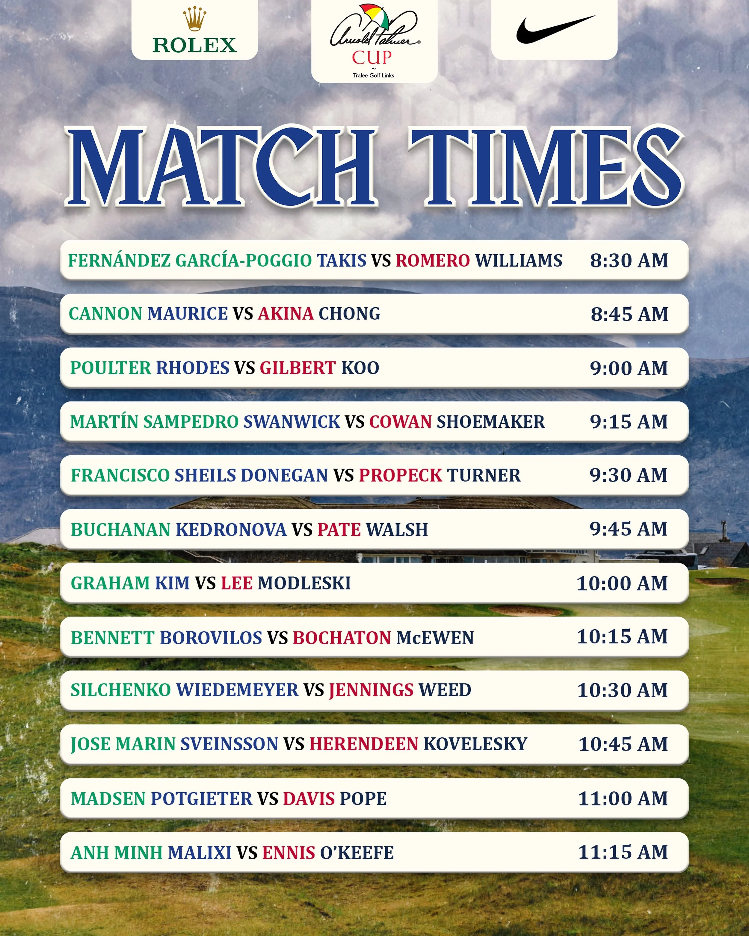 Round 1 pairings are here! 👀 

The stage is set for the opening matches of the 2026 Arnold Palmer Cup at Tralee Golf Links.

Let the competition begin. 🏆

#APCup | #Rolex