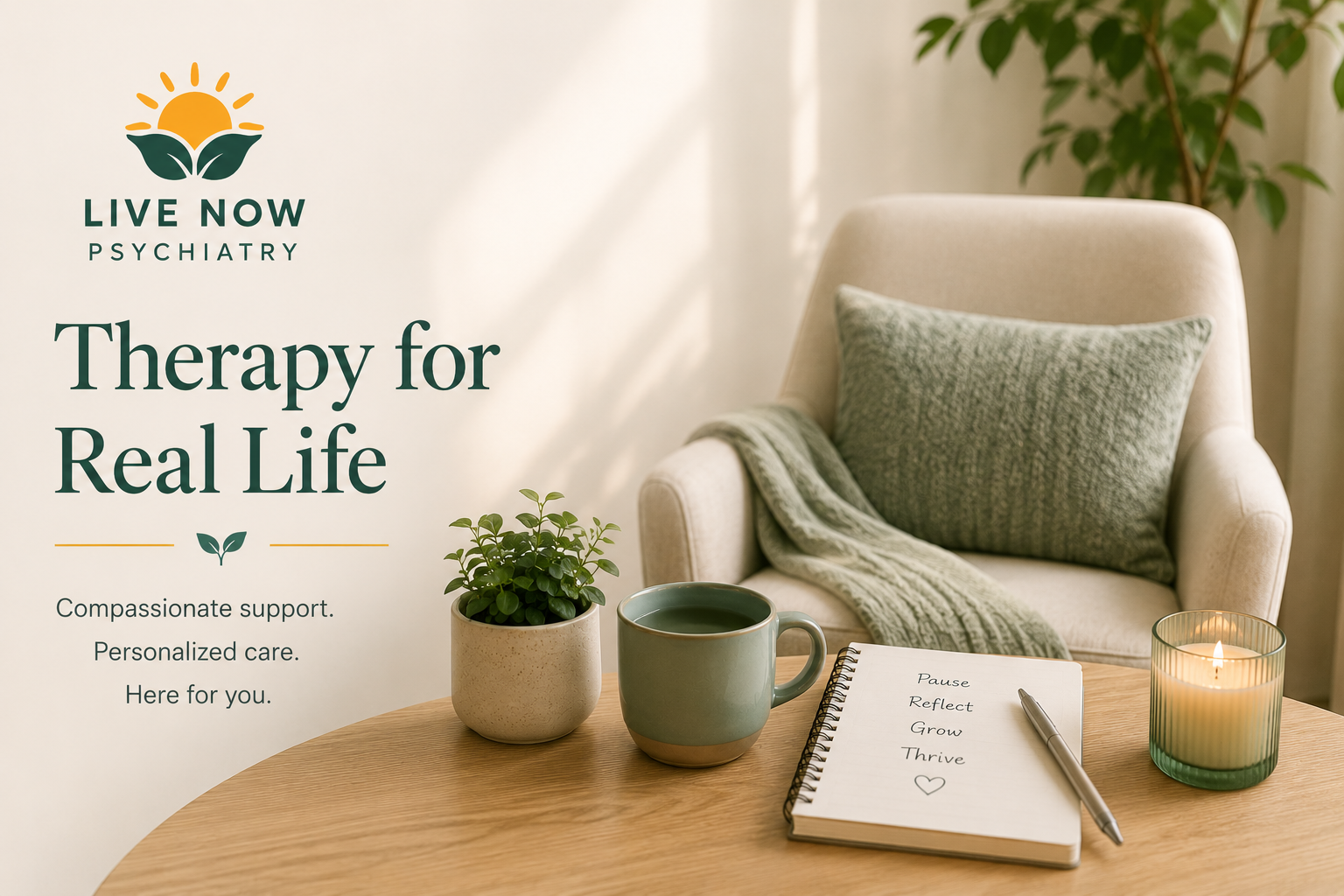 Online therapy for adults in Florida at Live Now Psychiatry in a calm, welcoming telehealth therapy setting.