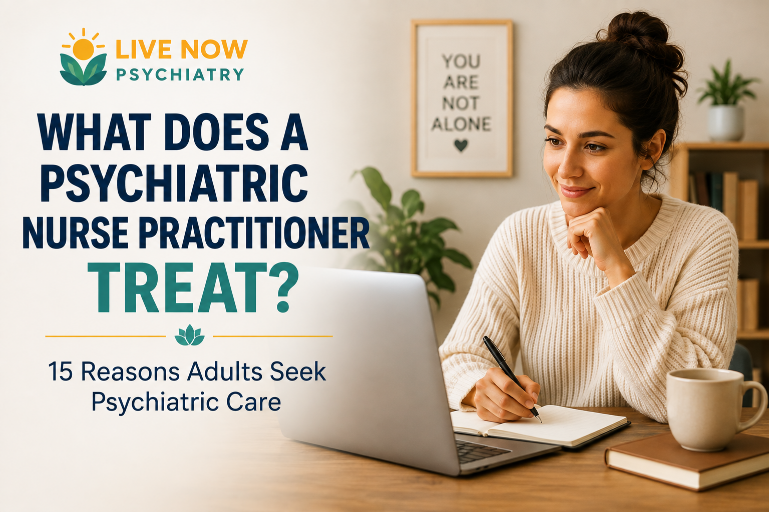Live Now Psychiatry guide explaining what a psychiatric nurse practitioner treats, featuring a woman using a laptop during a virtual mental health appointment.