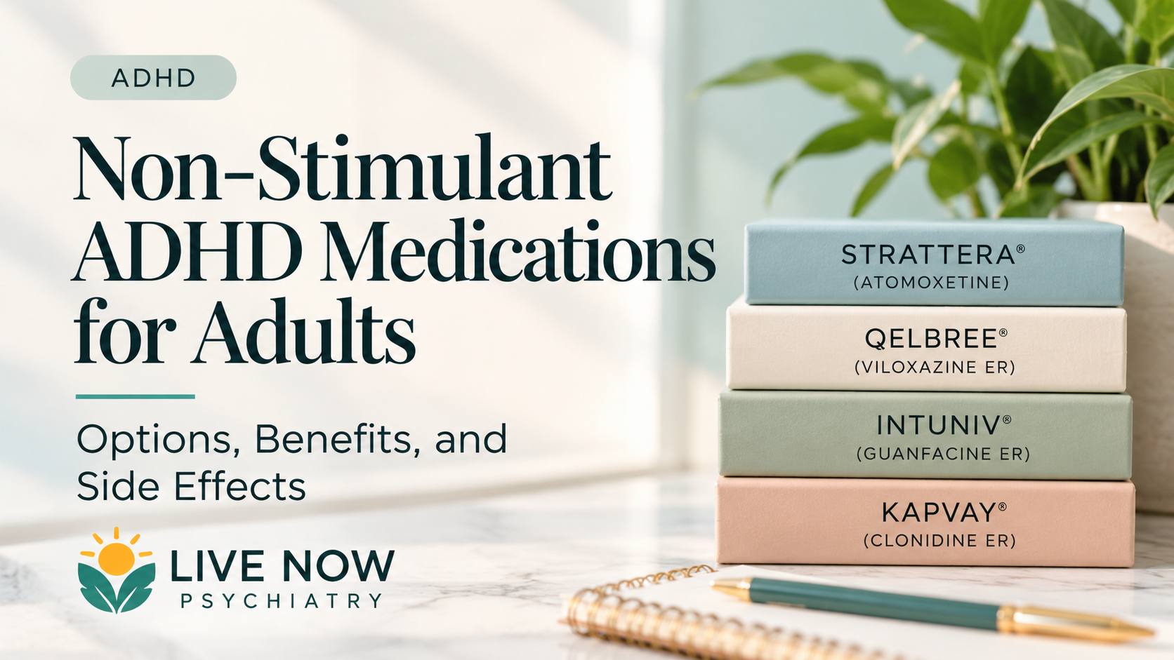 Non-stimulant ADHD medications for adults, including Strattera, Qelbree, Intuniv, and Kapvay