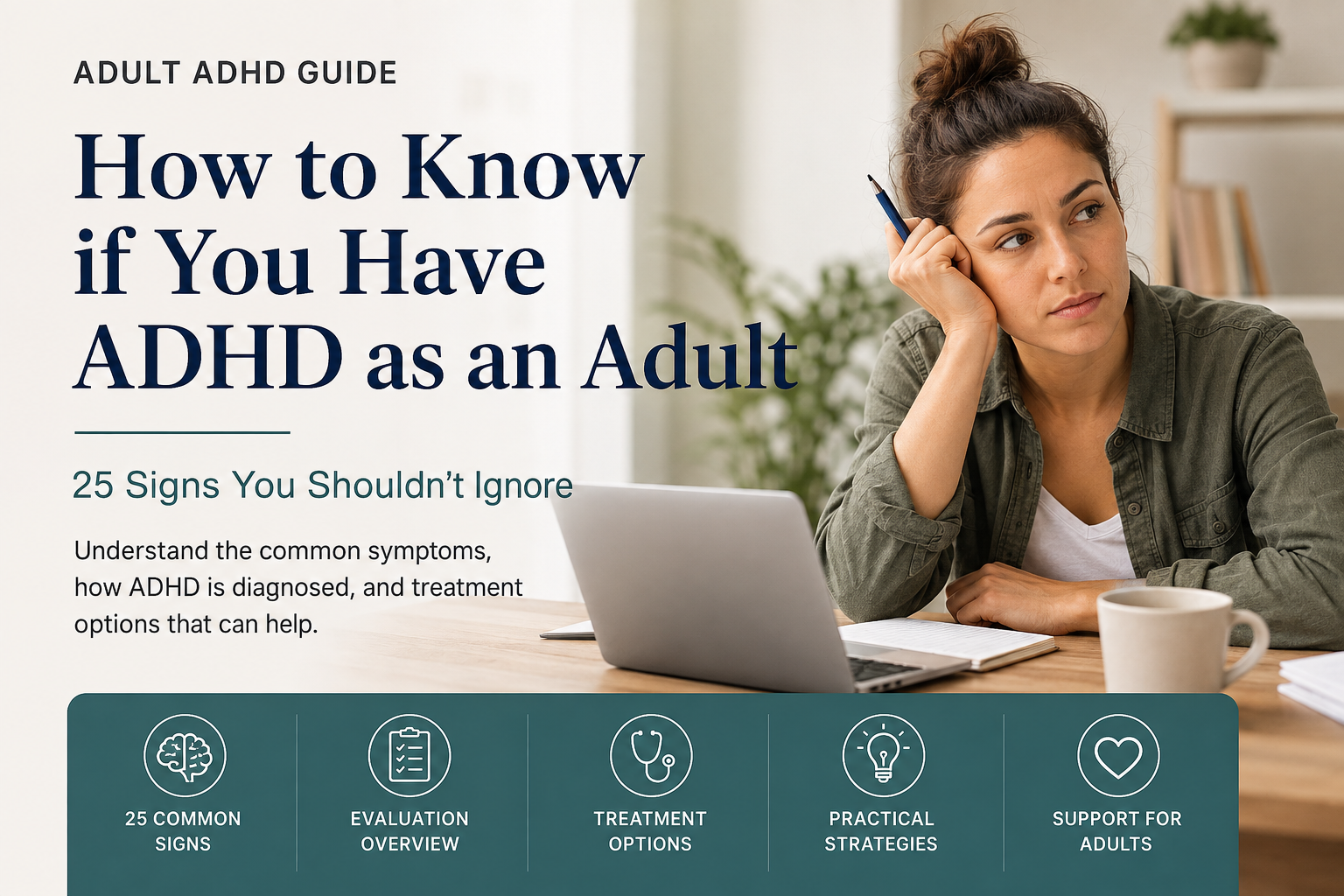 Adult with ADHD sitting at a desk feeling overwhelmed while learning about the common signs, symptoms, diagnosis, and treatment of adult ADHD.