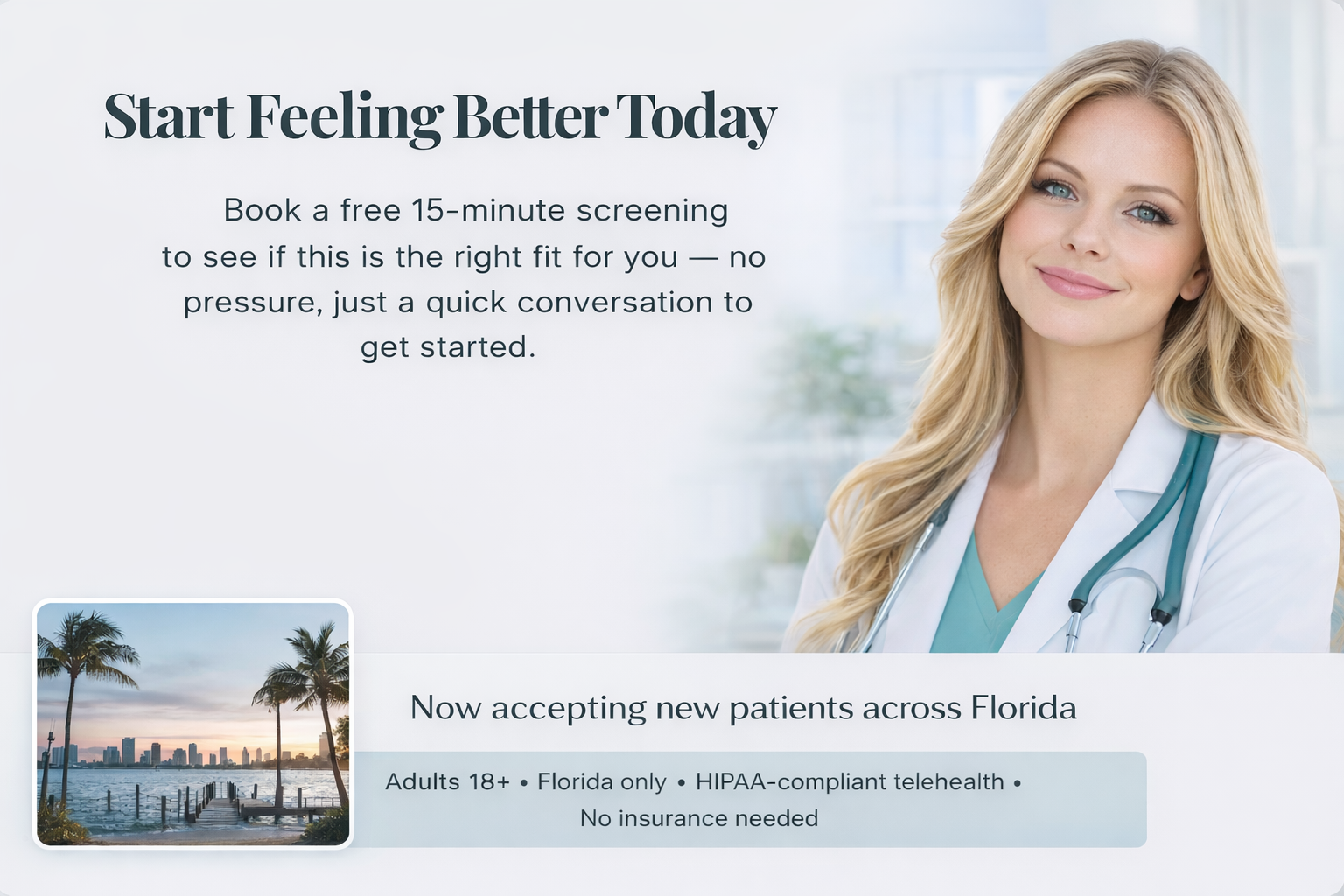 A promotional graphic encouraging scheduling a free 15-minute health screening, featuring a smiling female healthcare professional with blonde hair wearing a white coat and stethoscope, alongside a scenic view of a waterfront with palm trees and a city skyline.