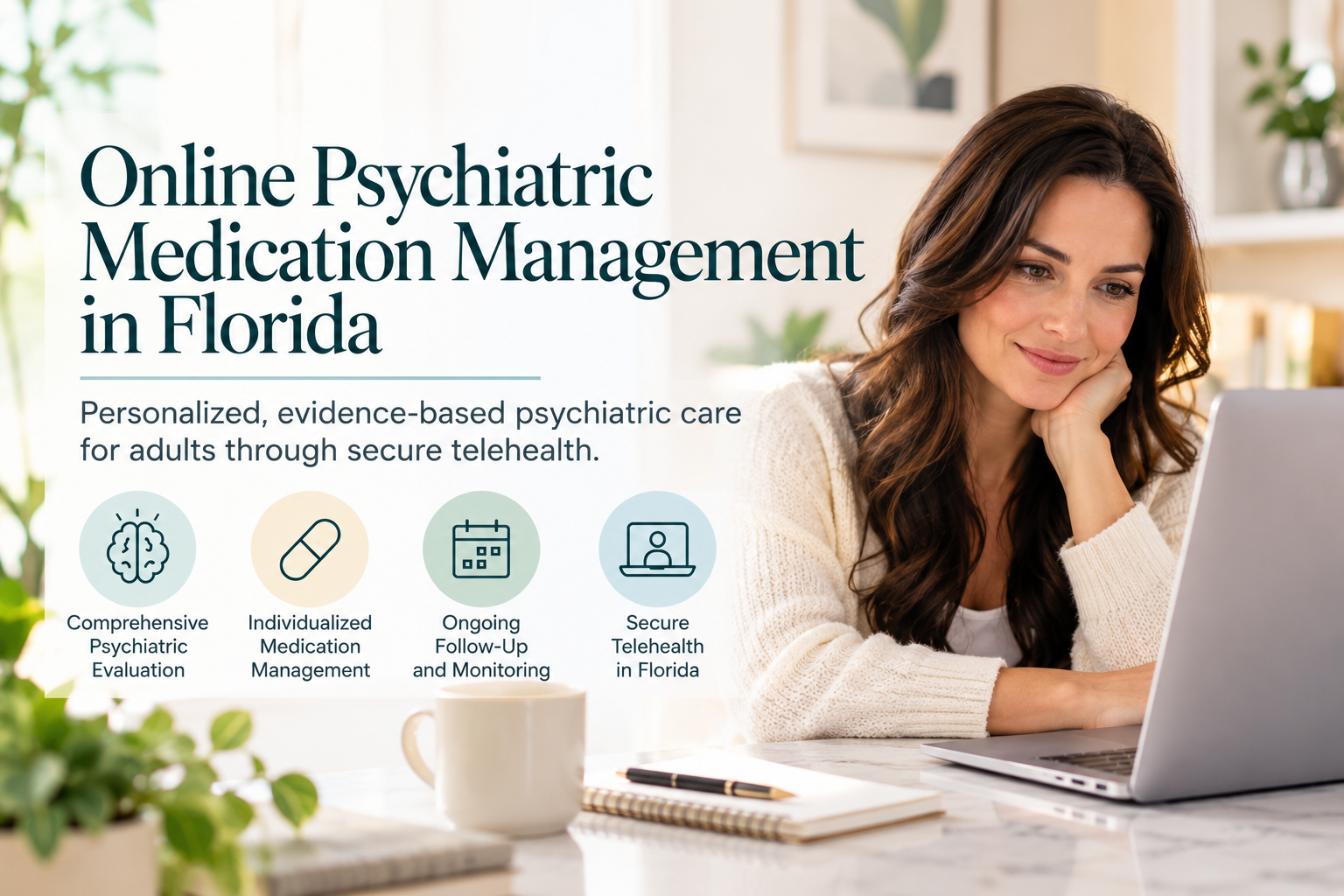 Woman using a laptop for online psychiatric medication management and telehealth care in Florida