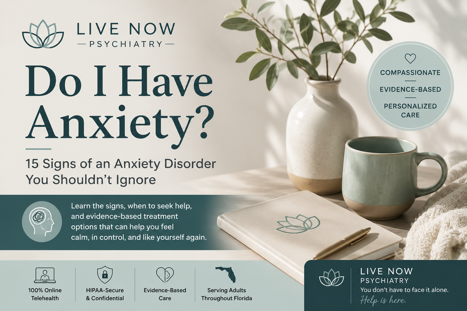 Illustration for "Do I Have Anxiety? 15 Signs of an Anxiety Disorder You Shouldn't Ignore" by Live Now Psychiatry, featuring a calming wellness design and educational mental health resources for adults in Florida.