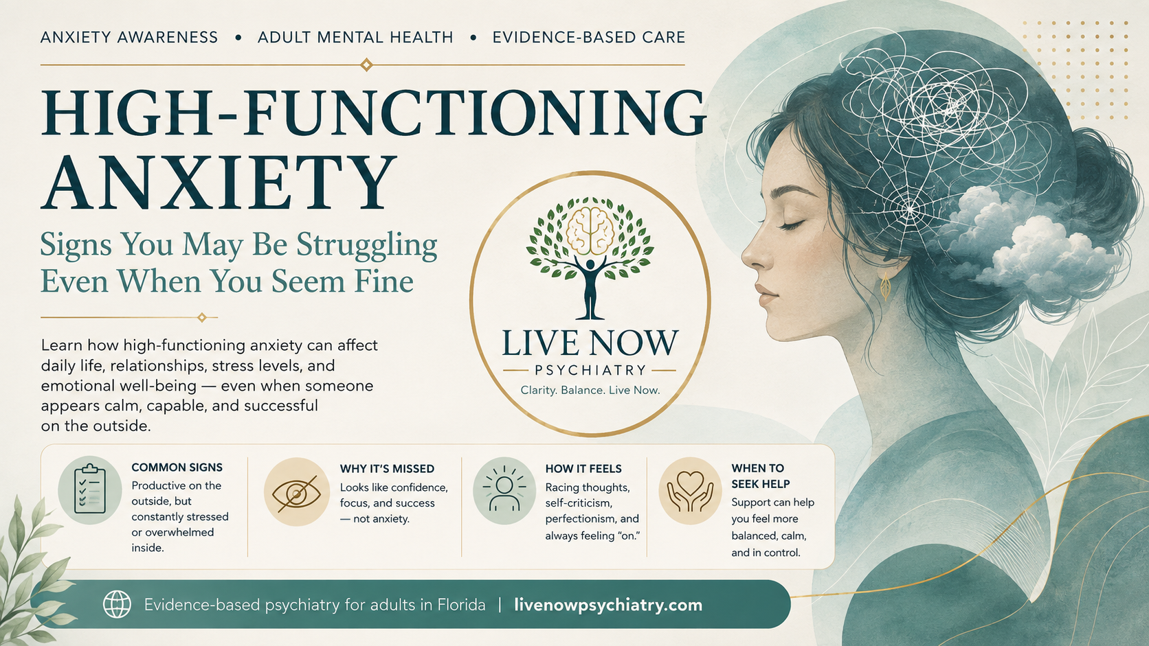 Adult appearing calm and productive while privately experiencing worry, stress, and high-functioning anxiety.