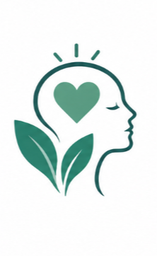 A stylized graphic of a woman's profile with a heart inside her head, surrounded by leaves and rays of light, symbolizing mental health or well-being.