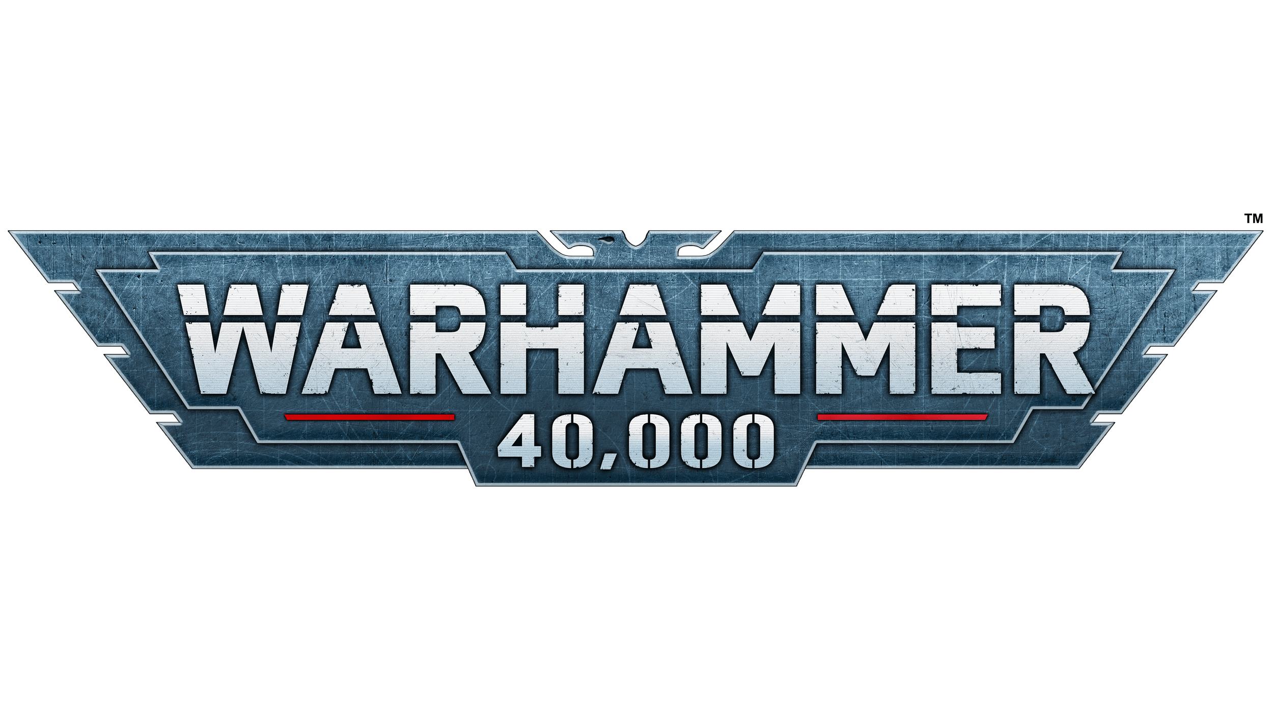 Logo for Warhammer 40,000, featuring metallic text on a blue, industrial-style background with circuit-like details.