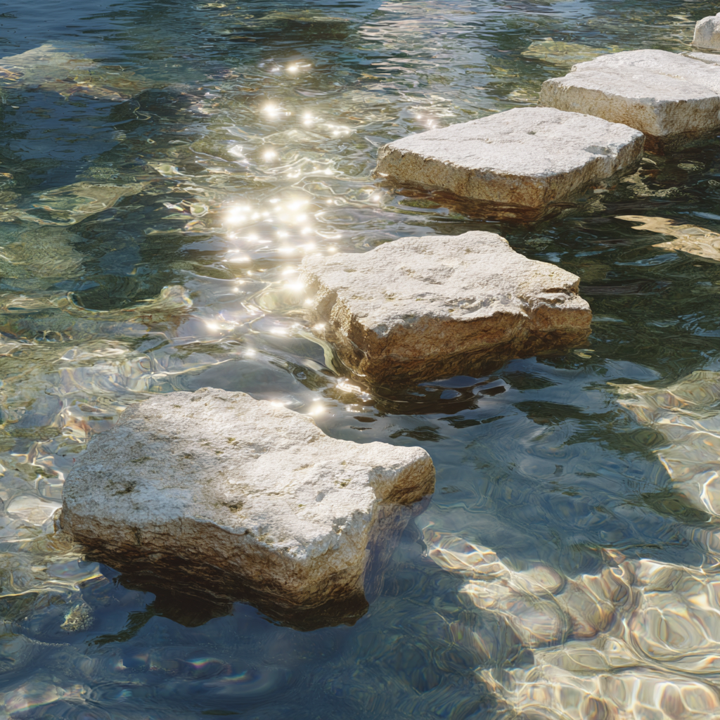 stepping stones surrounded by calm shallow water with sunlight reflecting off the water