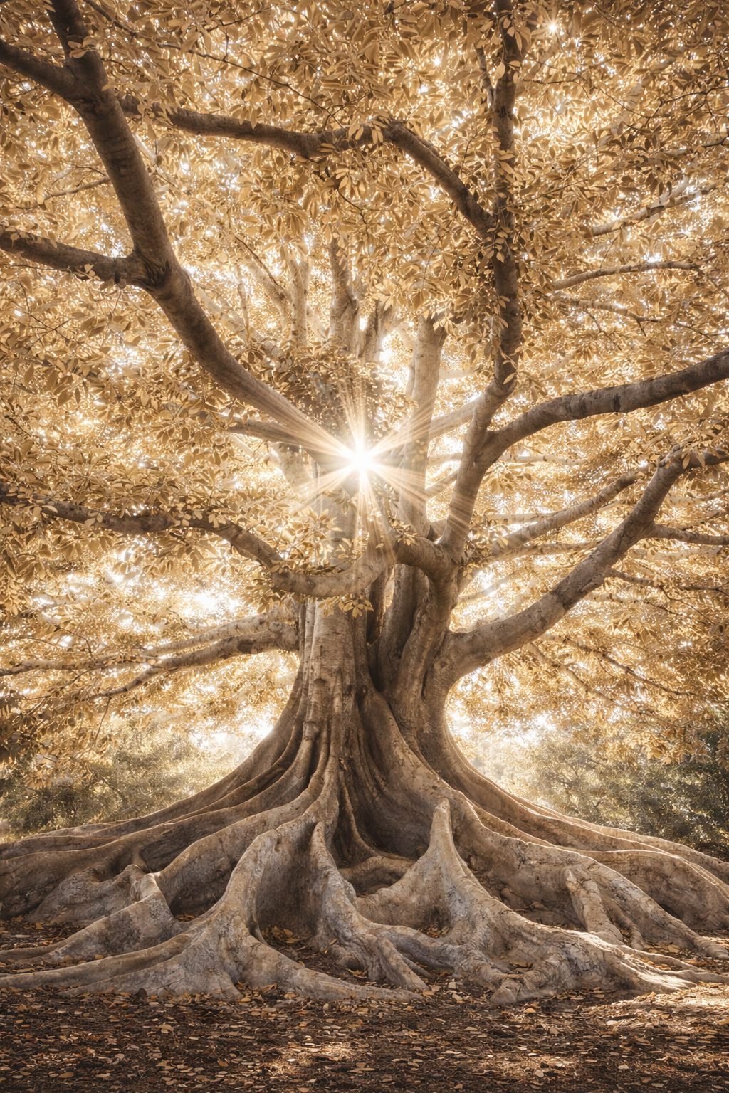 photo of golden tree with the sun peaking through the branches