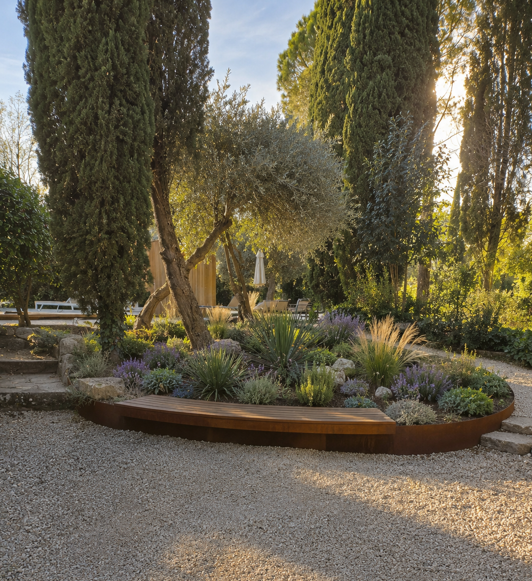 Jardin méditerranéen composé de vivaces, de graminées et d’arbustes adaptés aux étés secs