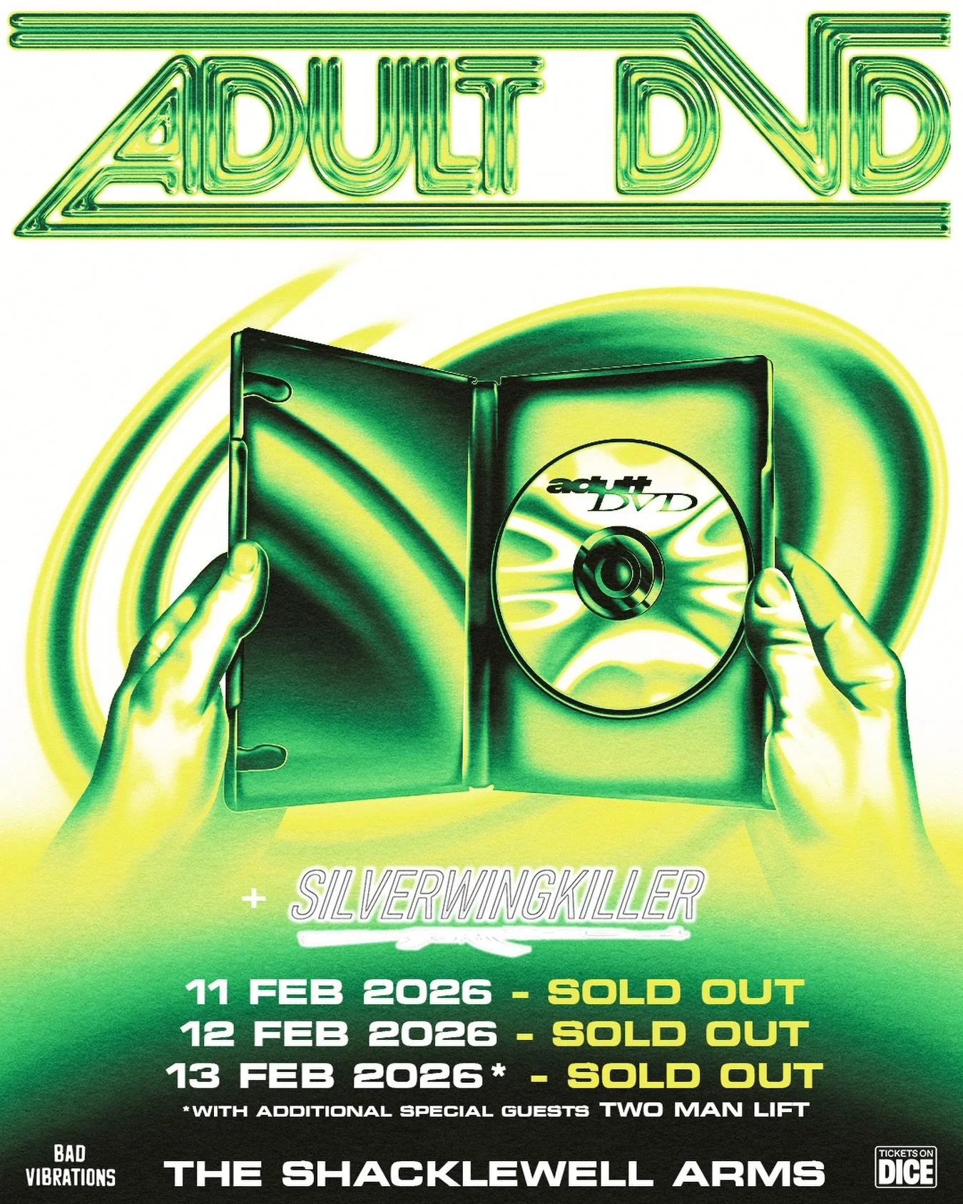 SILVERWINGKILLER + Two Man Lift&nbsp;join Adult DVD for their 3 night SOLD OUT residency at The Shacklewell Arms next Feb. 

Make sure you check out the @slvrwngkllr remix of &lsquo;Because I like it&rsquo; out today!

&amp; join the ticket waitlist 