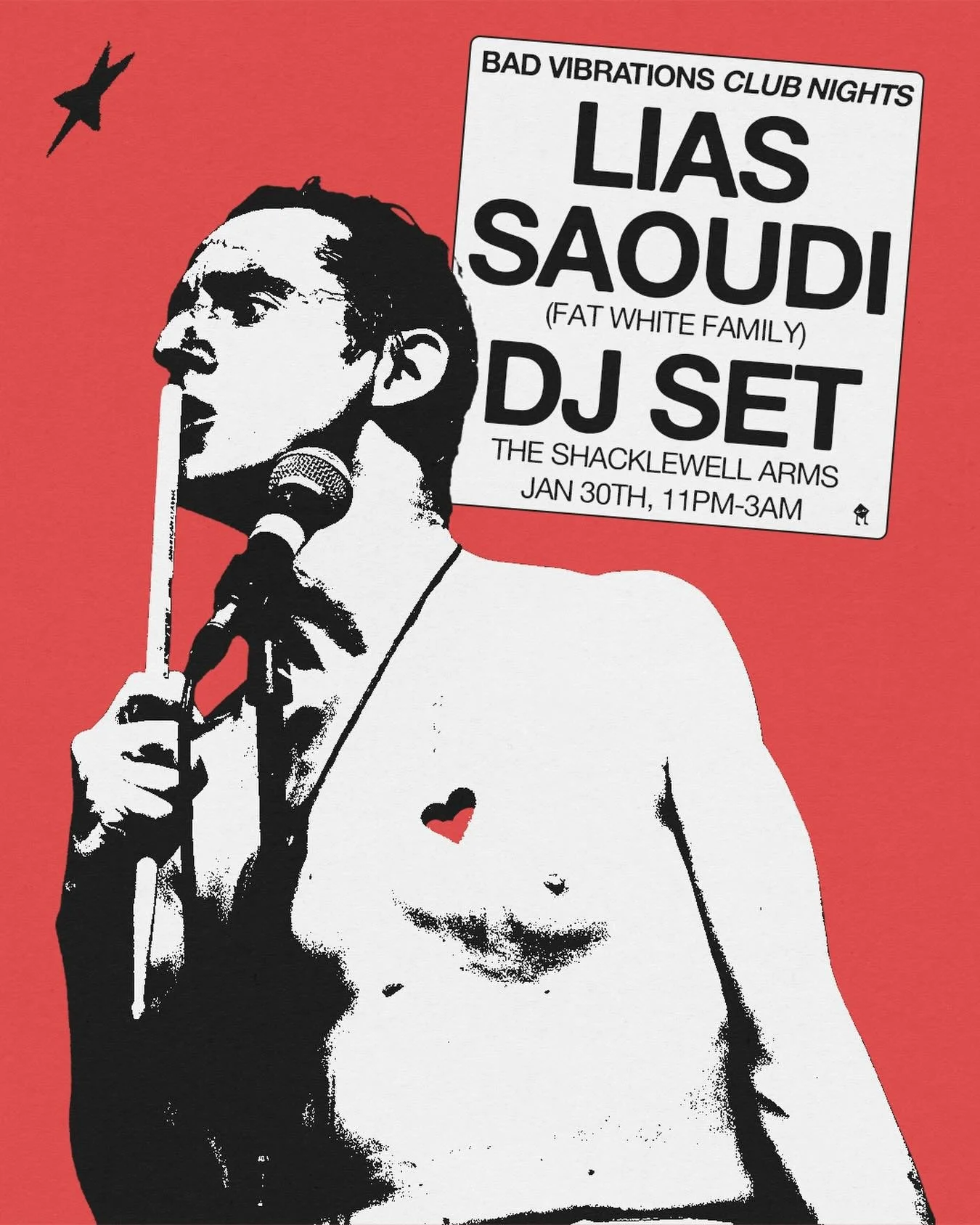 @lias_saoudi (Fat White Family) returns to the decks at @shacklewellarms on Friday, 30 January.

Expect an all-night journey through Garage, Post-Punk, Techno, and Psych from 11pm ✮ 

Get Tickets via @dicefm