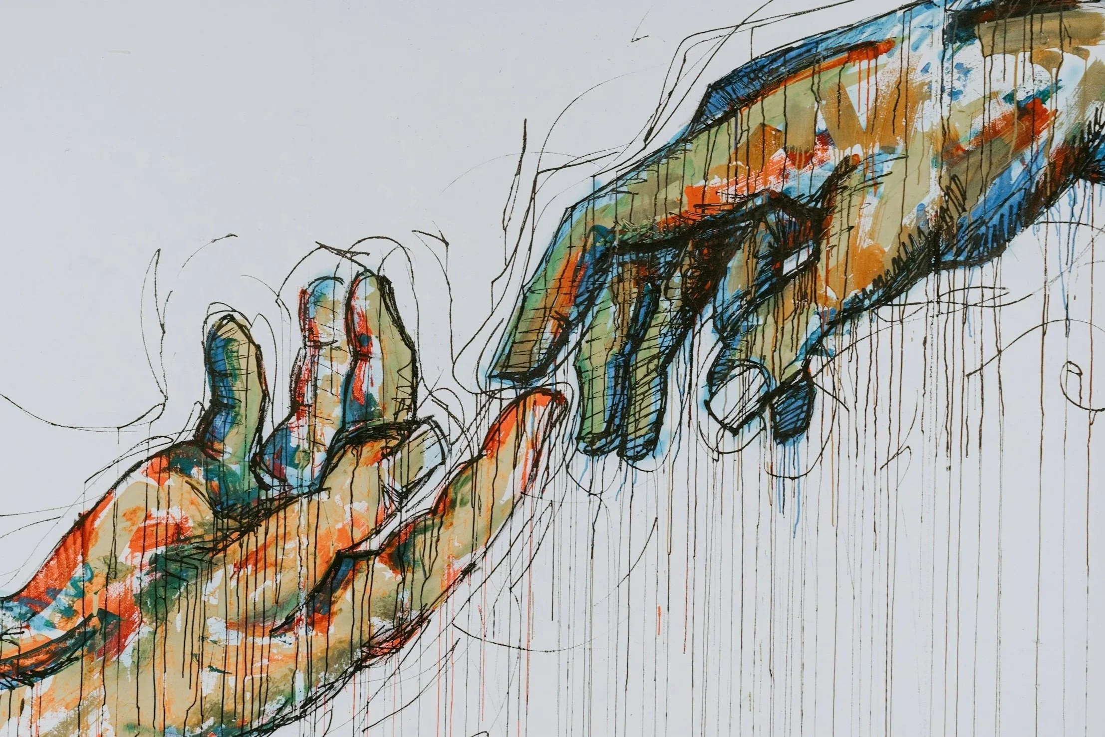 Colorful abstract line drawing of a human hand with multiple colors and dripping paint effects.
