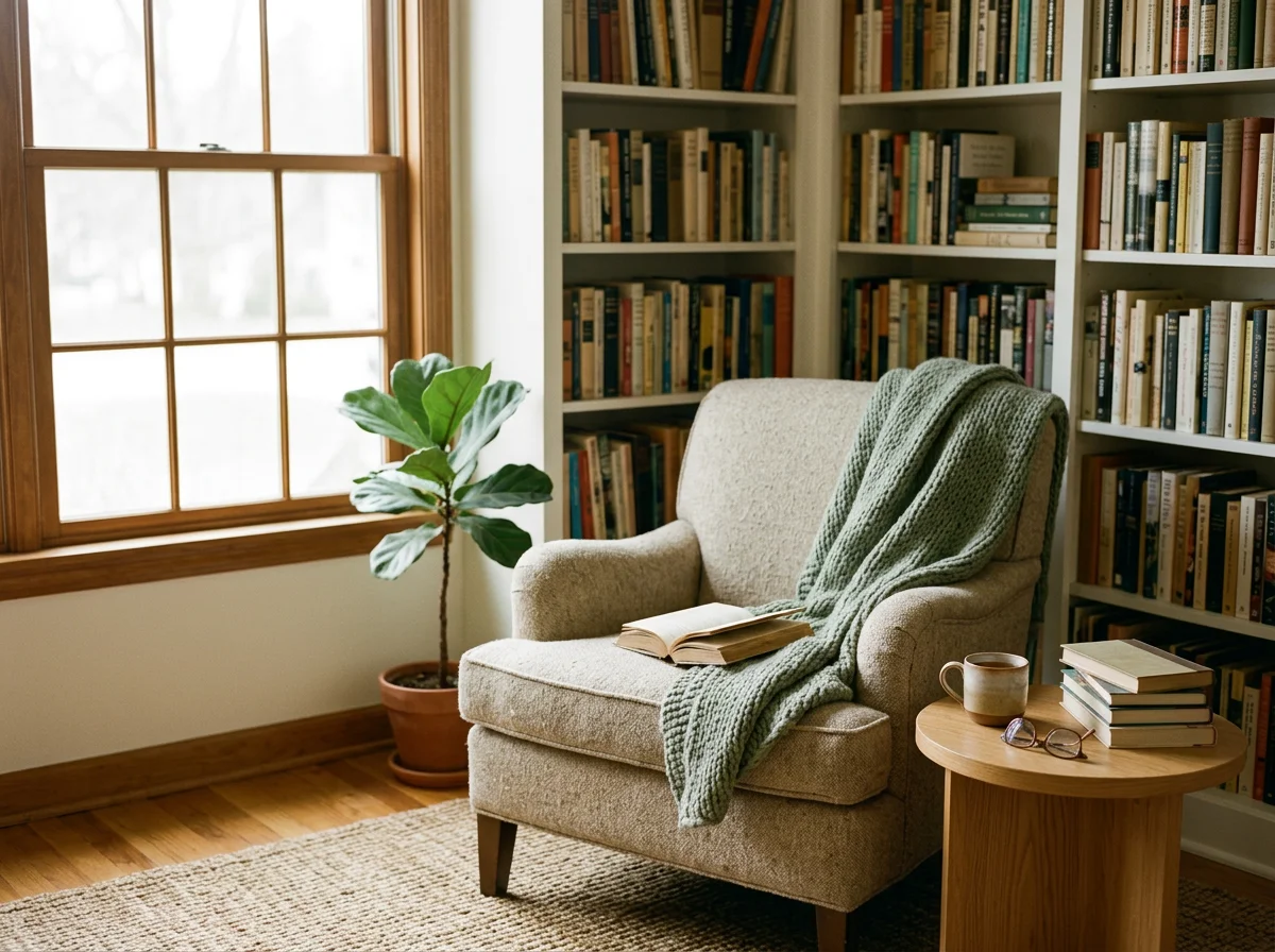 Cozy reading nook with armchair, open book, knitted blanket, potted plant, coffee mug, and stack of books beside a wooden side table, near a large window with natural light.