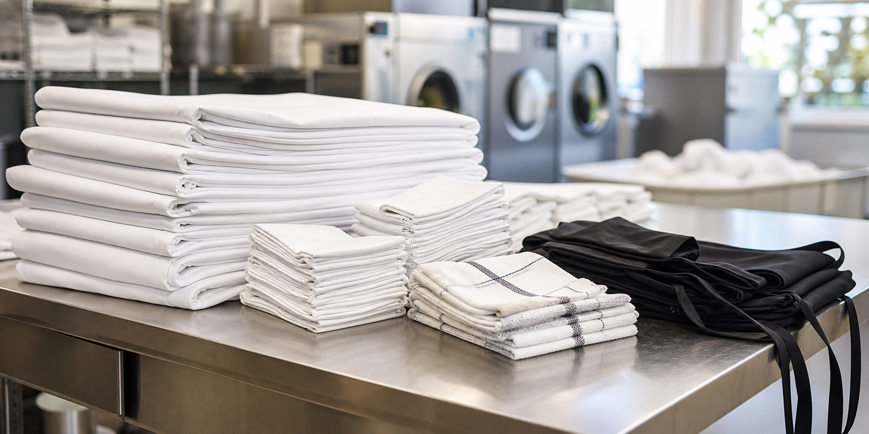 Folded restaurant linens, bar towels, and aprons ready for commercial laundry delivery