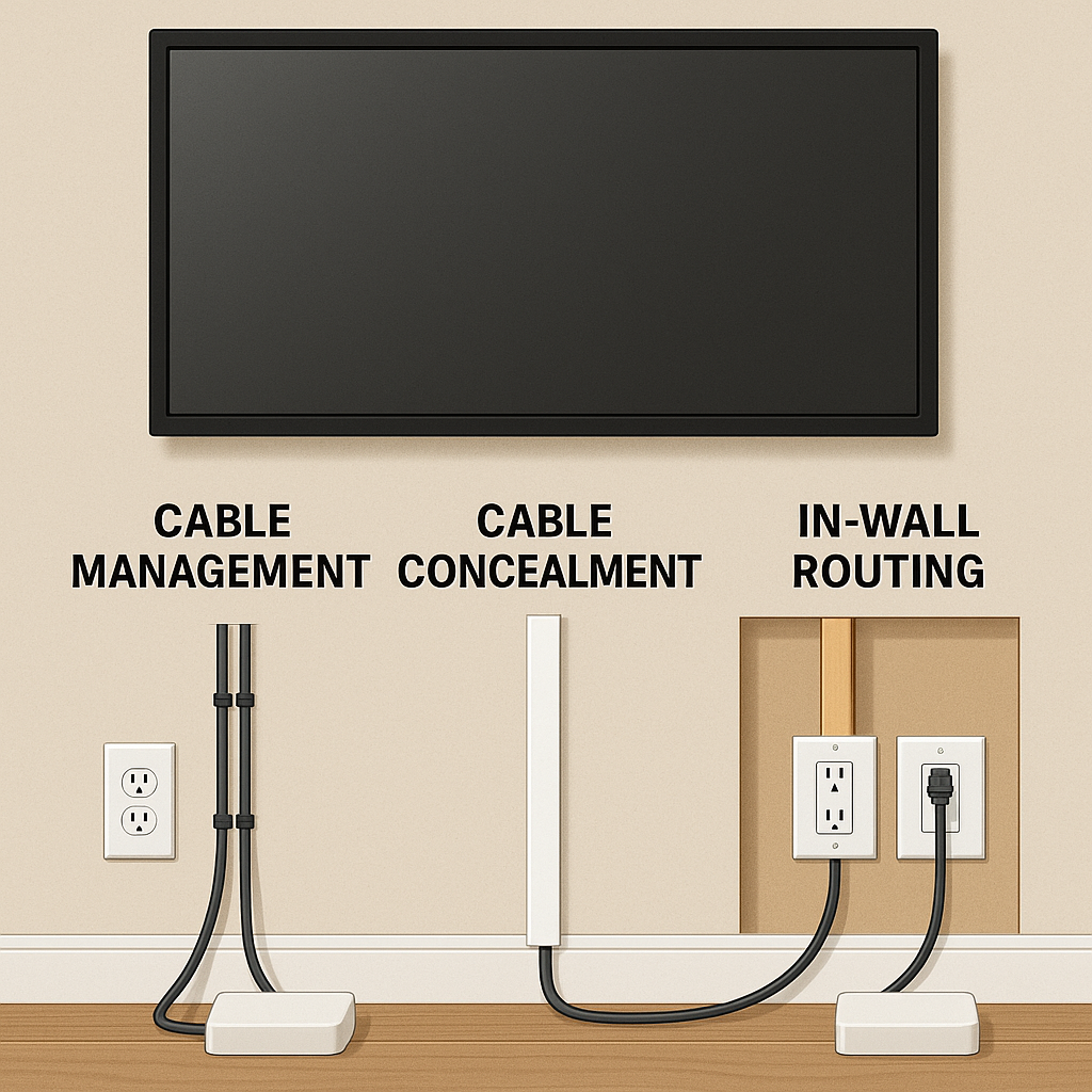 Illustrates the different methods of running cable from your home theater to a TV