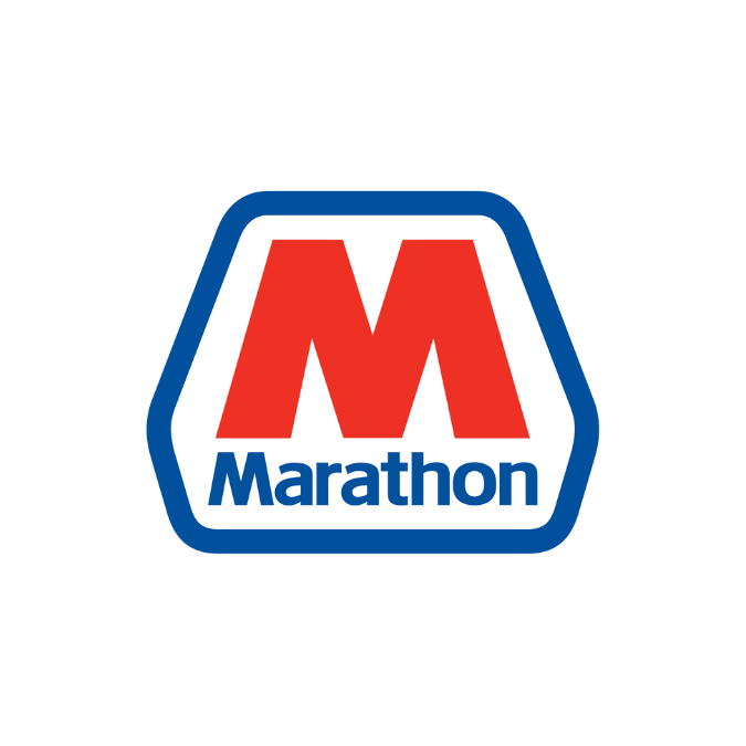 The Marathon logo featuring a large red 'M' with a blue outline, and the word 'Marathon' written below in blue.