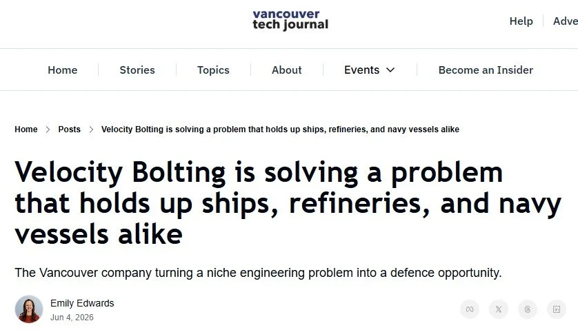 Velocity Bolting Featured in Vancouver Tech Journal