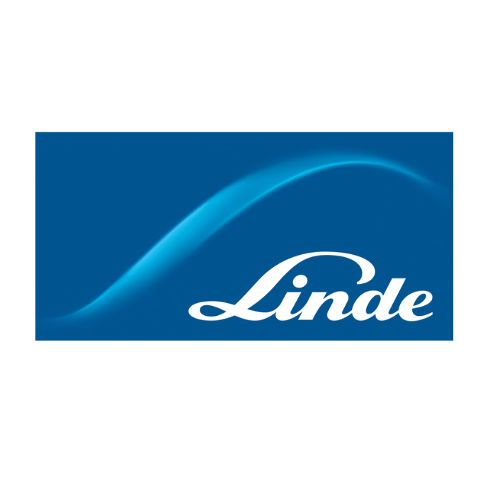 Linde logo with a blue background and a swooping wave design.
