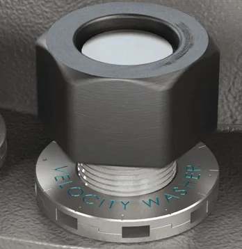 1. To install, simply place the Velocity Washer on the stud. Due to its symmetric design, it can’t be installed in the wrong orientation, delivering the simplest installation.