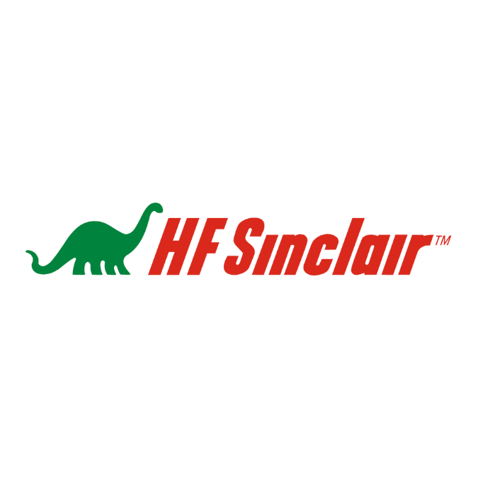 HF Sinclair logo featuring a green dinosaur icon and red text