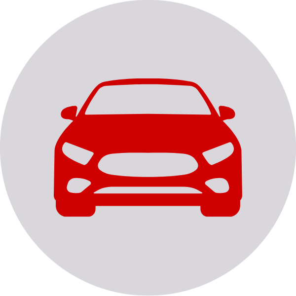 Icon of a red car on a gray circular background.