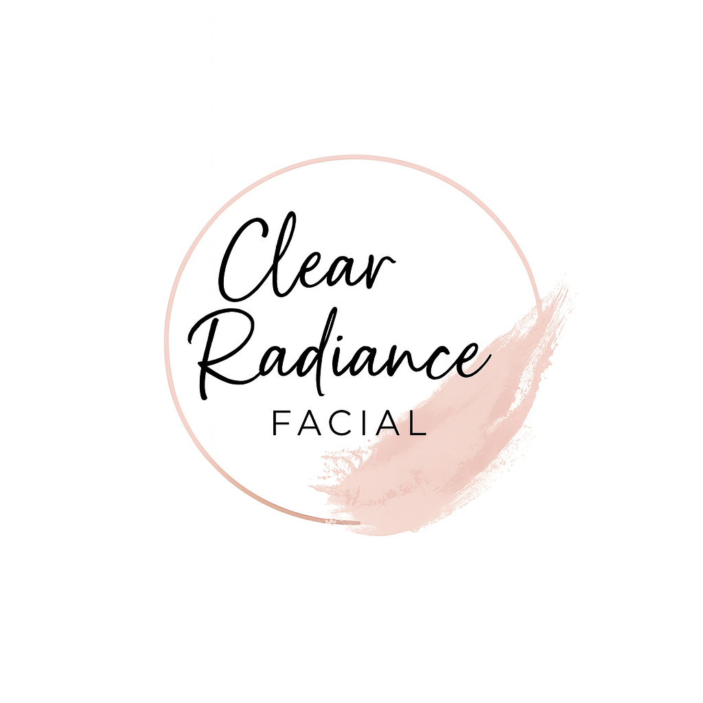 Logo with the text "Clear Radiance Facial" inside a pink circle, with a pink brushstroke in the background.