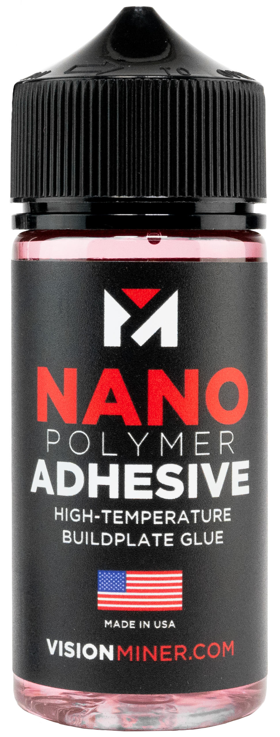 A black bottle with a black screw cap containing red adhesive labeled 'Nano Polymer Adhesive' for high-temperature buildplate use, with an American flag and the website 'visionminer.com'.