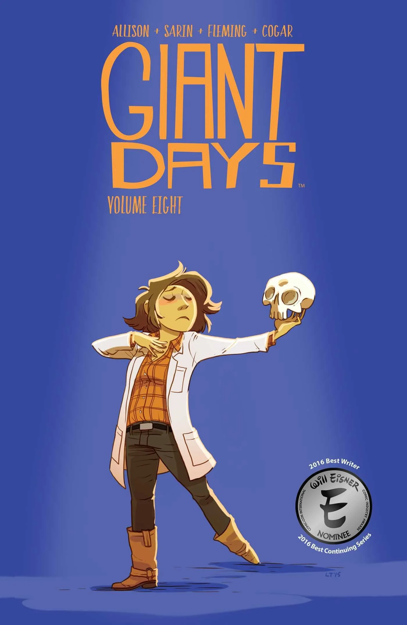 Book cover of Giant Days Vol. 8 by John Allison, used as a limitation example illustrating inconsistent volume cataloging standards across Goodreads and library systems.