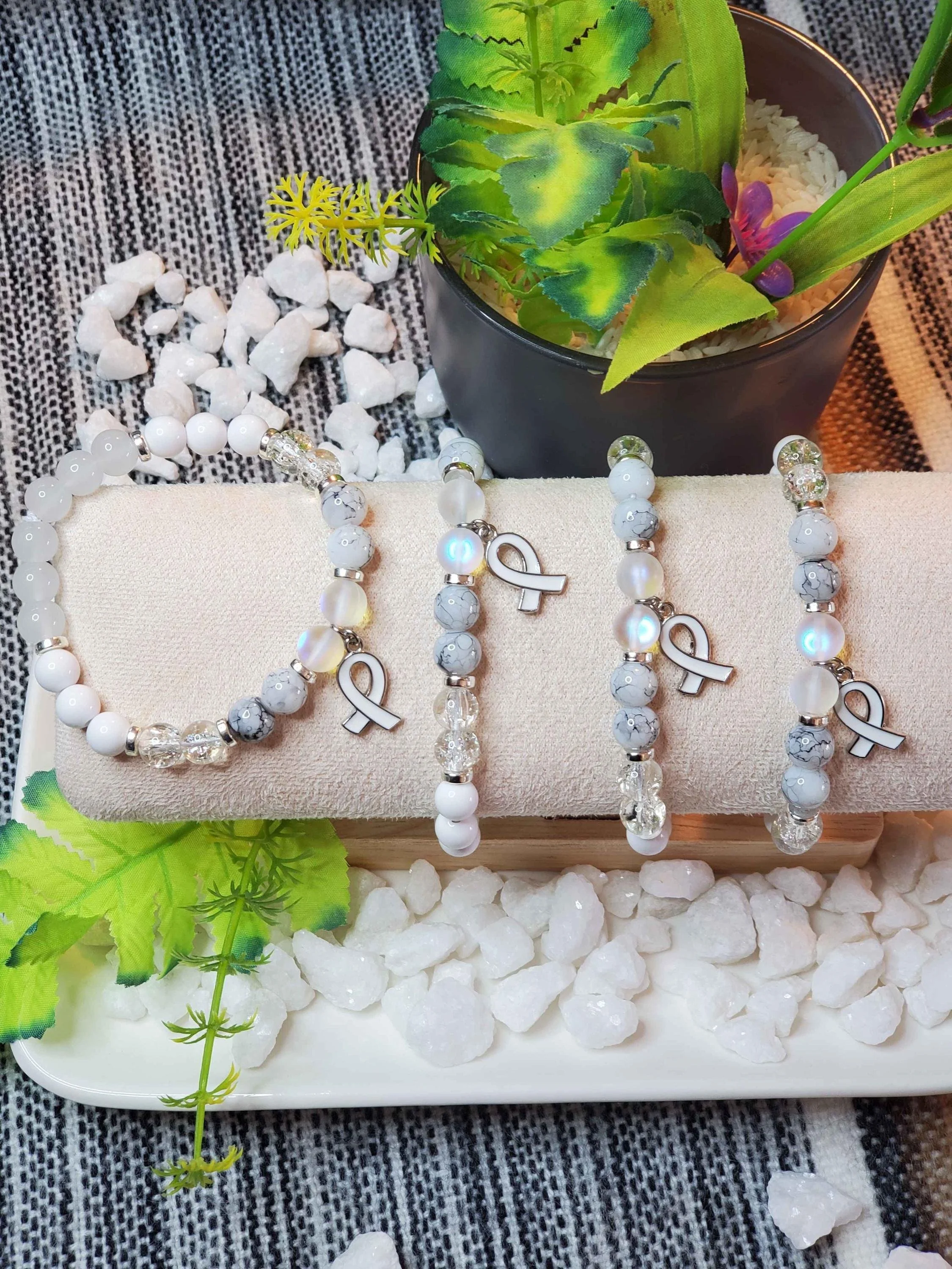 Lung Cancer Awareness White Beaded Bracelet